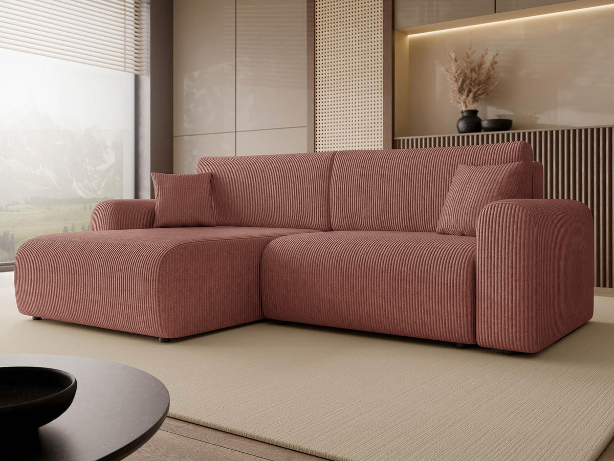 ECKSOFA Floryn L Cord - Schwarz/Rosa, Holz/Kunststoff (245/145cm) - MIRJAN24