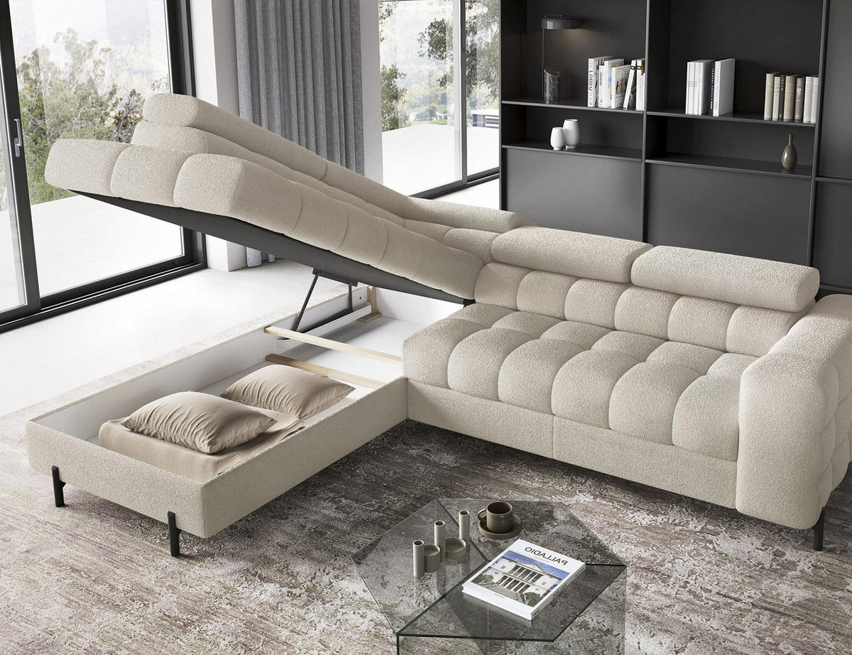 WOHNLANDSCHAFT FERUCCE Ecksofa L-Form – Polsterecke mit Schlaffunktion, Bettkasten & verstellbaren Kopfstützen 276 cm - Hellgrau, Kunststoff (276/200cm) - Wohnideebilder