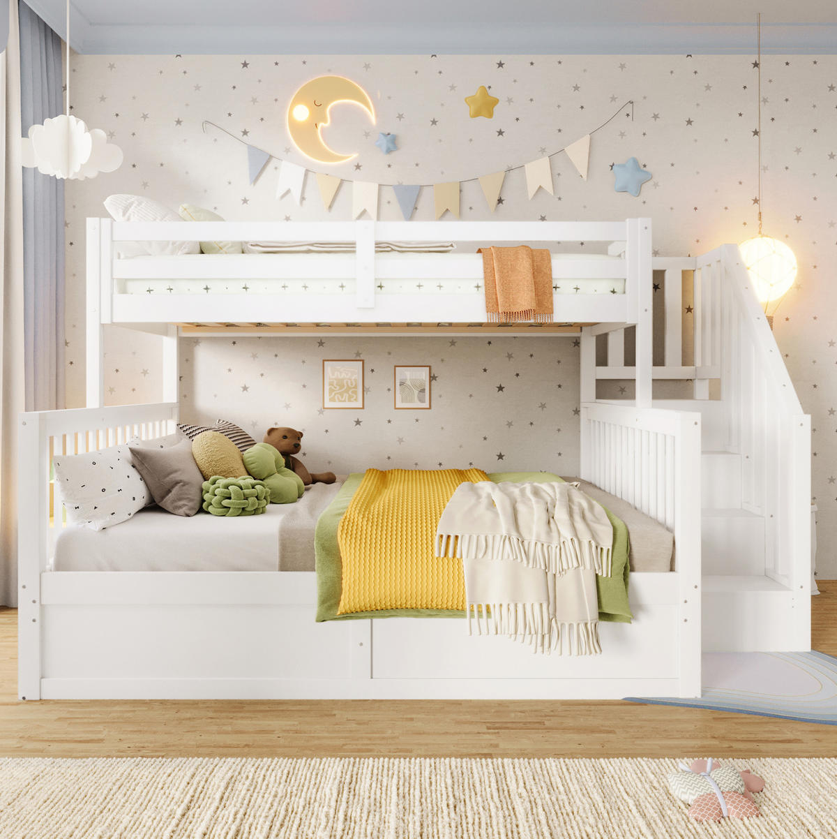 HAUSBETT 90/200 cm + 140/200 cm mit Stauraum und Treppe in Weiß - Weiß, Holz (90/200cm) - BEAOK