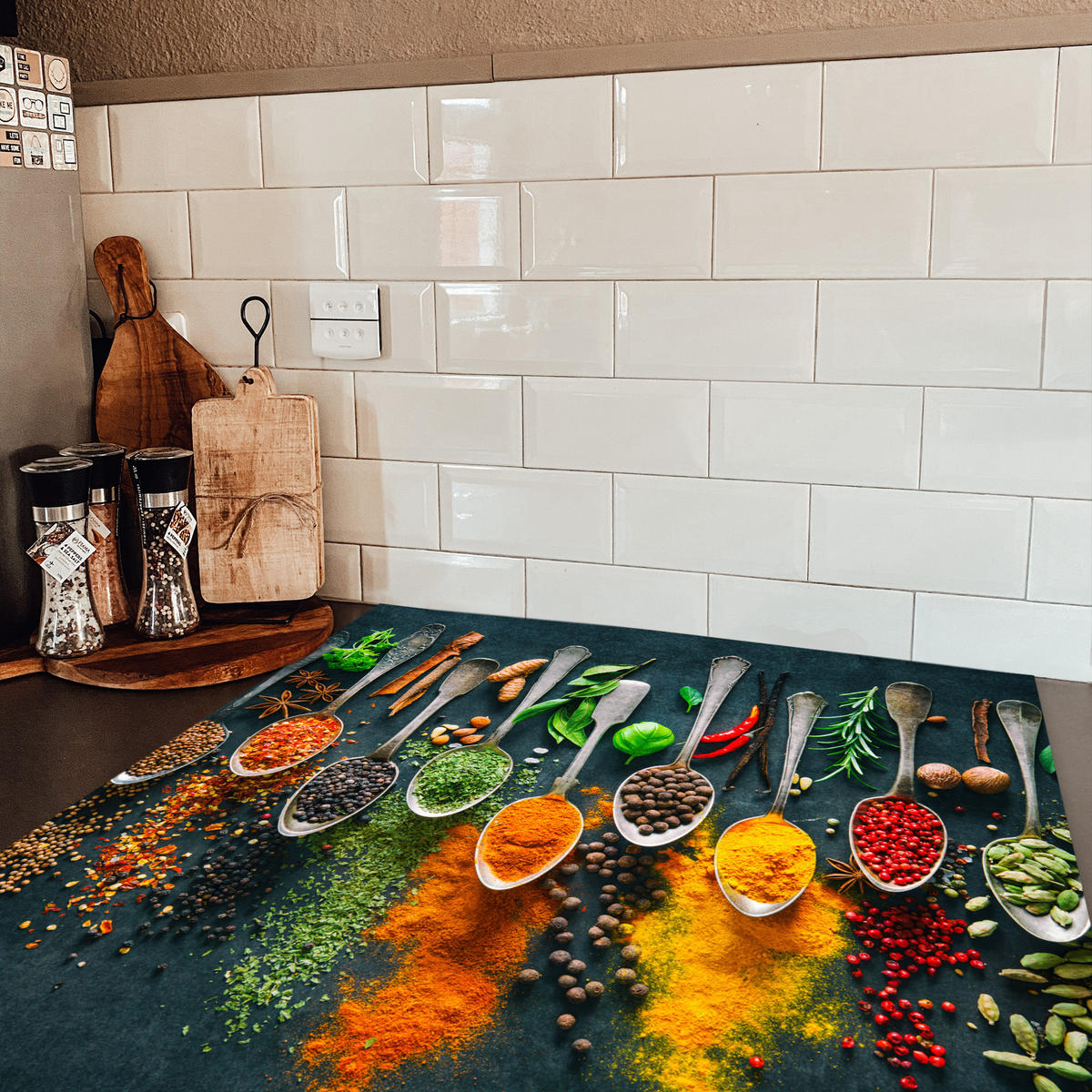 HERDABDECKPLATTE Kräuter - Gewürze - Löffel Induktionsmatte 78x78 cm - Multicolor, Kunststoff (78/78/0.2cm) - MuchoWow