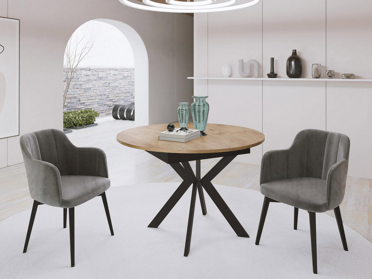 ESSTISCH Lily runder ausziehbarer, Lancelot Eiche 100-140/100/76 cm - Eichefarben/Schwarz, Holzwerkstoff/Metall (100/140/76cm) - WFL GROUP