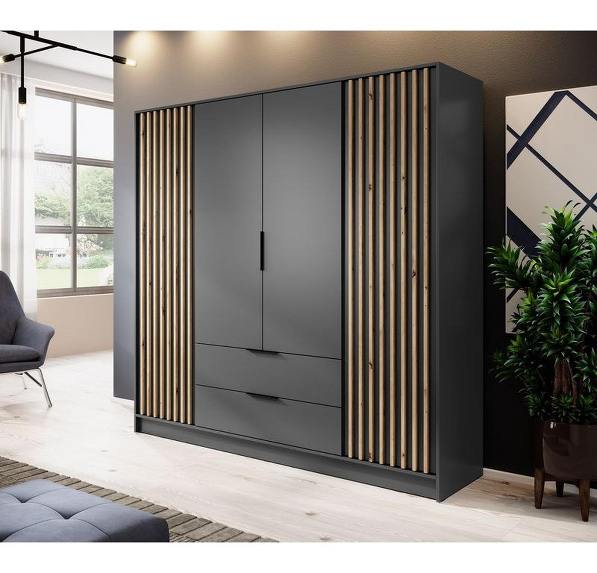 KLEIDERSCHRANK – 206 cm – Nelly – Graphitfarben - Graphitfarben, Holzwerkstoff (206/200/51cm) - hi-markt