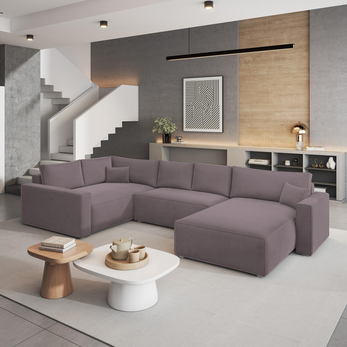 WOHNLANDSCHAFT VELAMI L-S Lila Velours-Stoff mit Schlaffunktion - Lila, Holz (365/83/194cm) - MASSENO