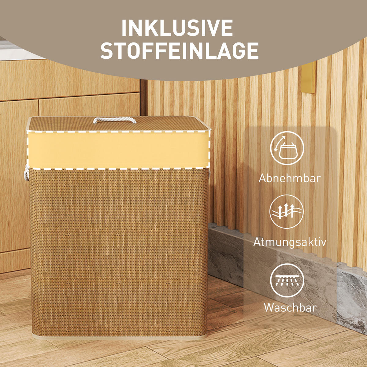 BAMBUS Wäschekorb mit Deckel 2 Fächer 100 L Braun - Braun, Naturmaterialien (52/63/32cm) - HOMCOM