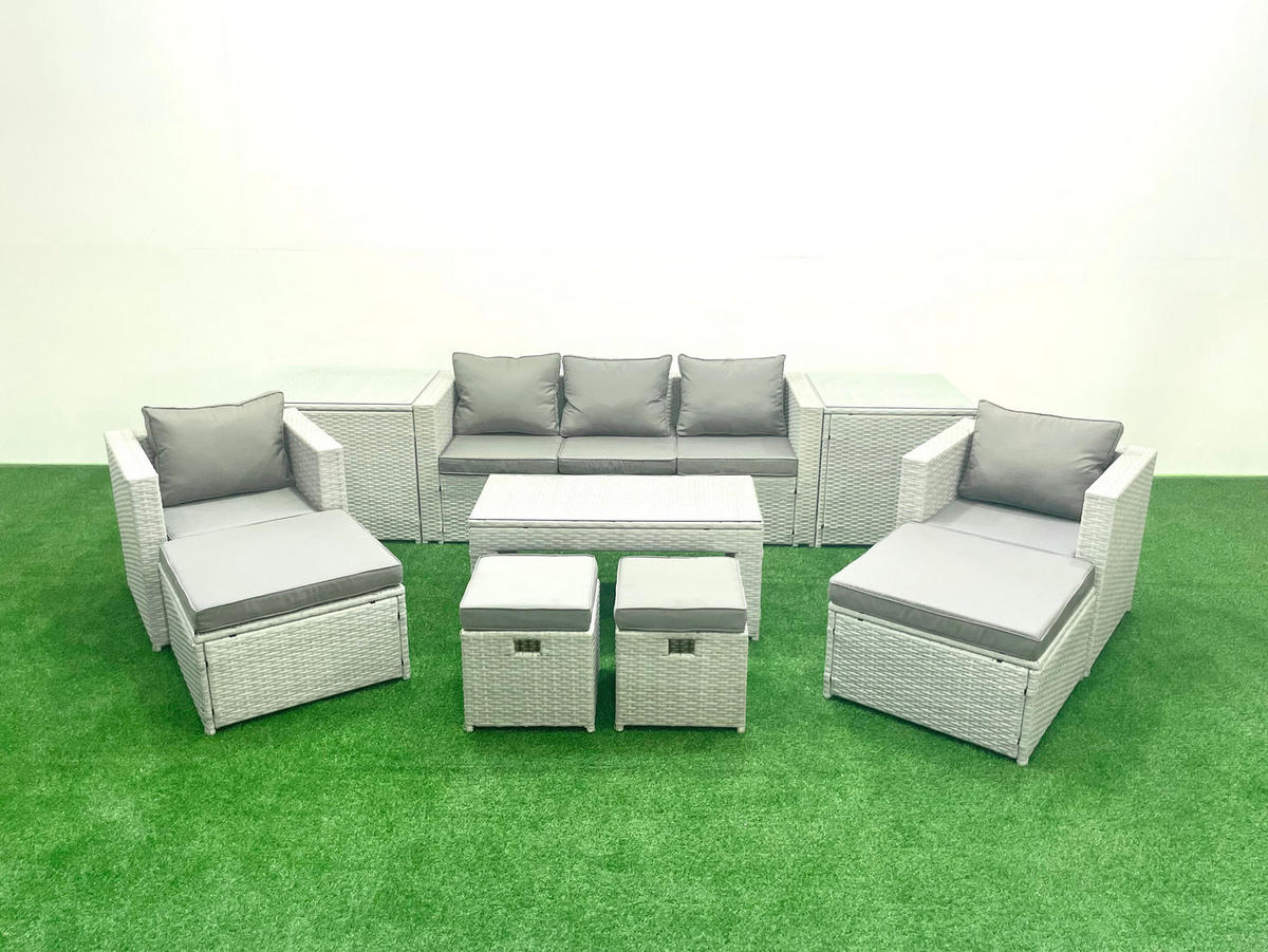 BALKONMÖBEL-SET Polyrattan Hellgrau-Mix 9-teilig - Hellgrau/Grau, Glas/Kunststoff - Fimous