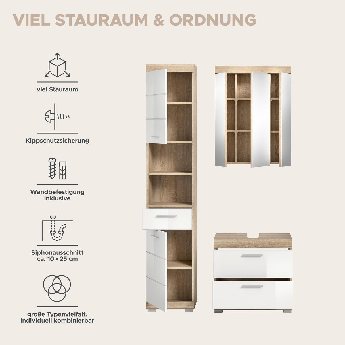 BADKOMBINATION 3tlg. Lambada Bad in Sonoma Eiche hell und weiß hochglanz B/H/T: 112x191x34 cm - Sonoma Eiche, Holz (112/191/37cm)