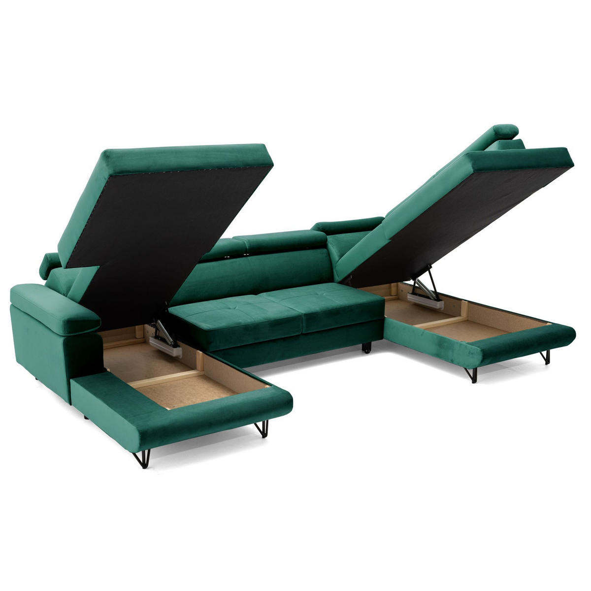 ECKSOFA U-Form JUNIOR U Rechts mit Schlaffunktion 128x254 Velours Dunkelgrün - Dunkelgrün/Schwarz, Holz/Textil (184/90/323cm) - Muffo