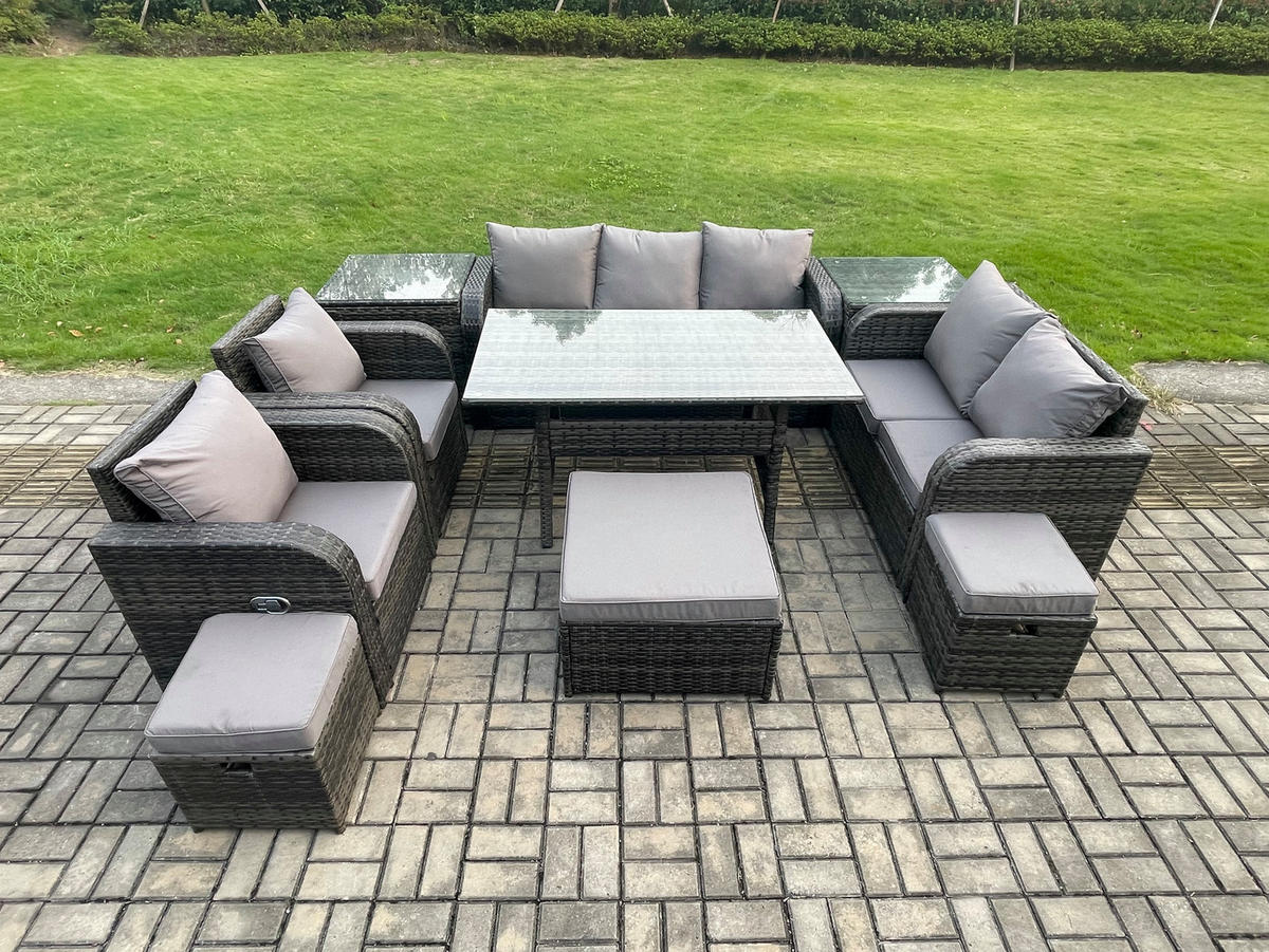 Gartenmöbelset mit Esstisch,3-Sitzer Sofa,3 Hockern,2 Beistelltischen Polyrattan Dunkelgrau 10-Sitzer - Dunkelgrau/Grau, Glas/Kunststoff - Fimous