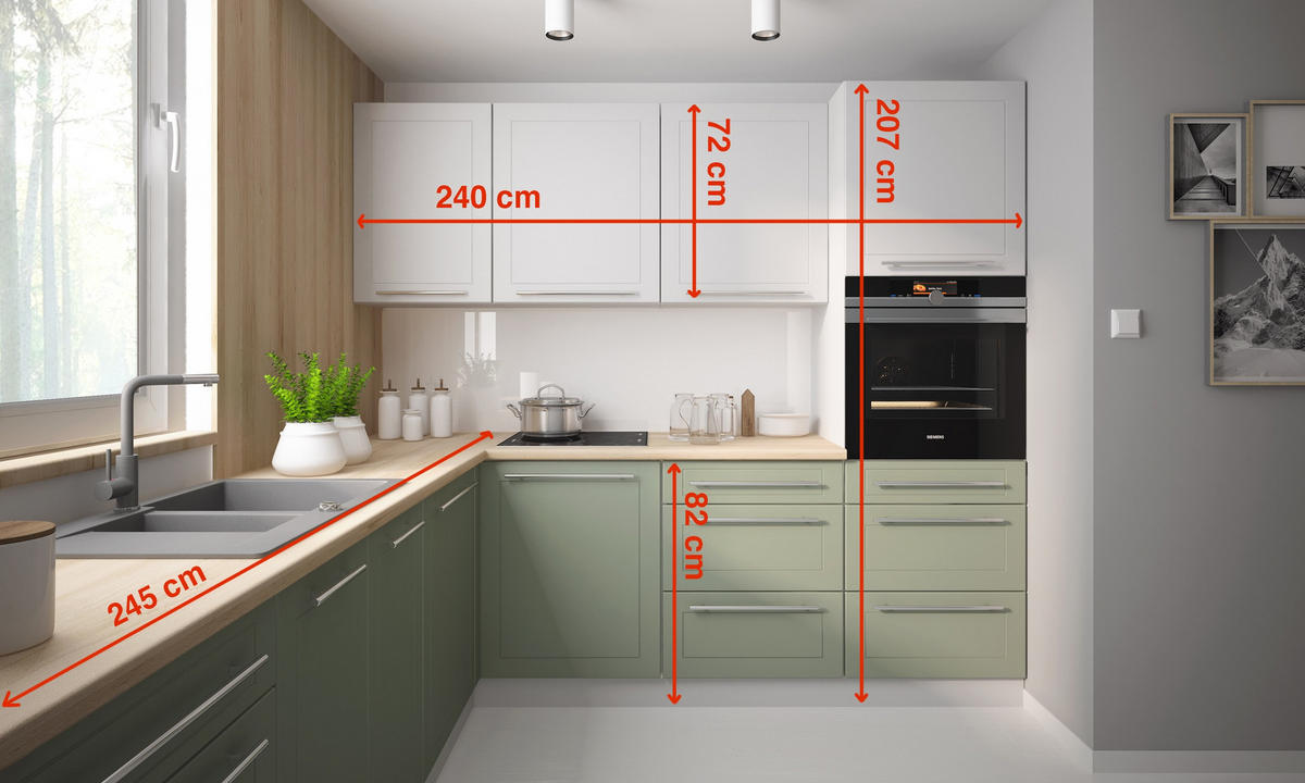 WINKELKÜCHE Bari grau / signalweiß-blassgrün matt 9-teilig - Weiß/Grün, Holzwerkstoff (245/207/240cm) - Feldmann-Wohnen