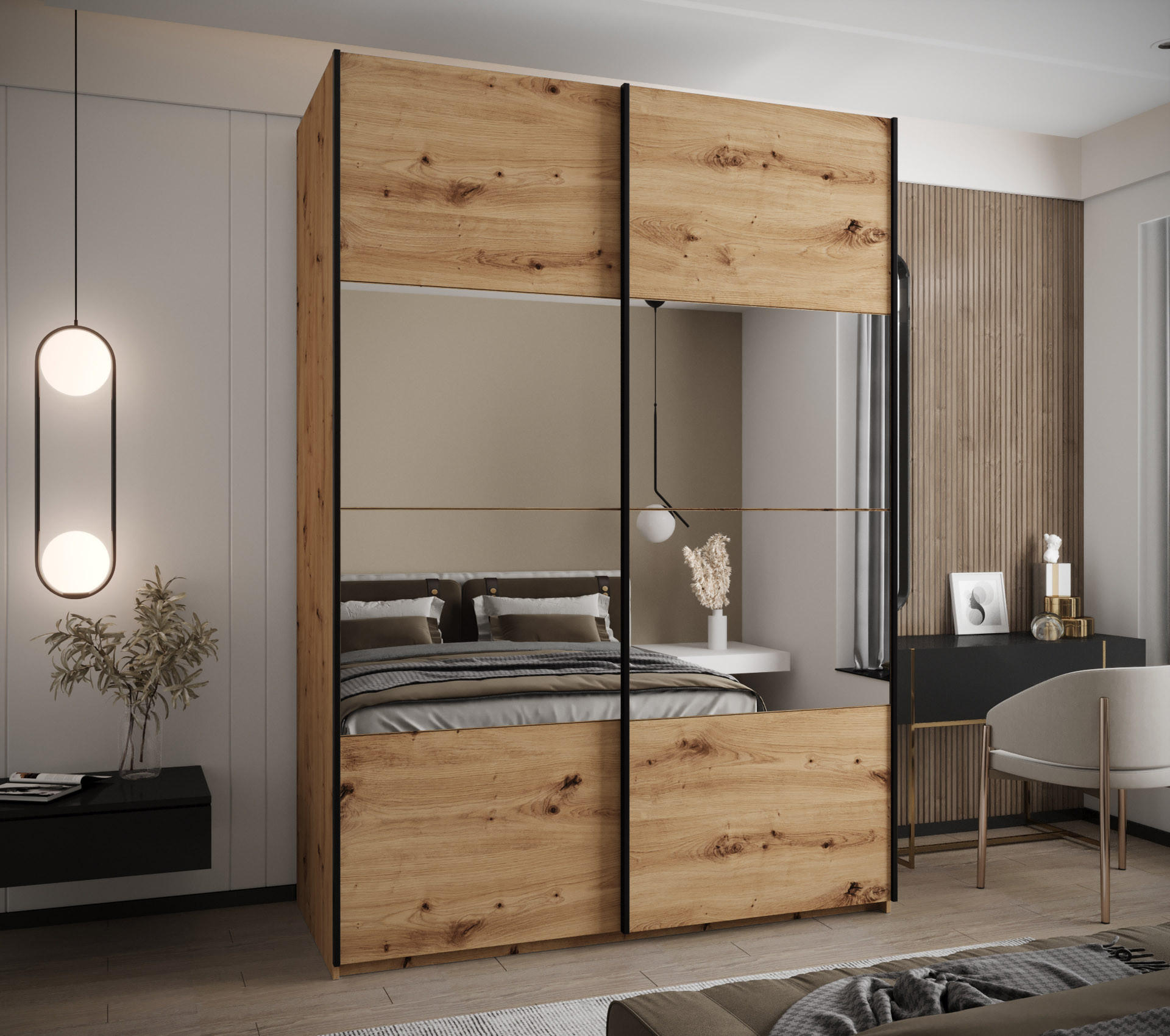 SCHWEBETÜRENSCHRANK 245,5/170/64 2-türig - Schwarz/Eiche Artisan, Holz/Metall (170/245/64cm) - Abiks Möbel