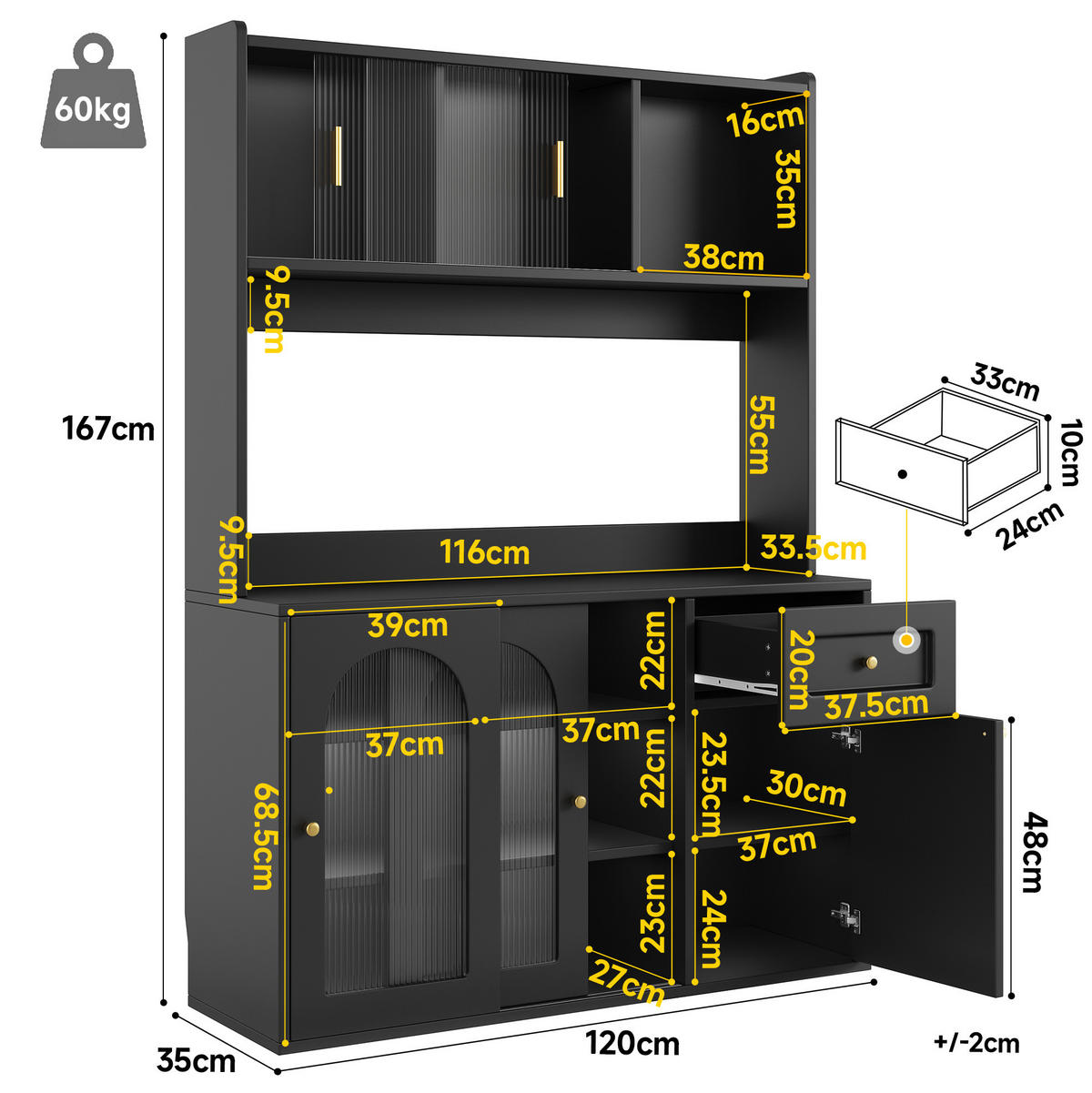 HIGHBOARD schwarz aus MDF/Spanplatte mit Glastüren und LED-App-Steuerung, 120/35/167 cm, Schwarz - Schwarz, Holzwerkstoff (120/167/35cm) - Redom