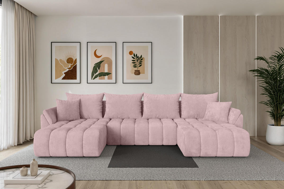 SEDACÍ SOUPRAVA DO U s funkcí spaní a úložným prostorem TOKO-U-v1 378x194x86 růžová manšestr - růžová/černá, kompozitní dřevo/textil (378/86/194cm) - ALTDECOR