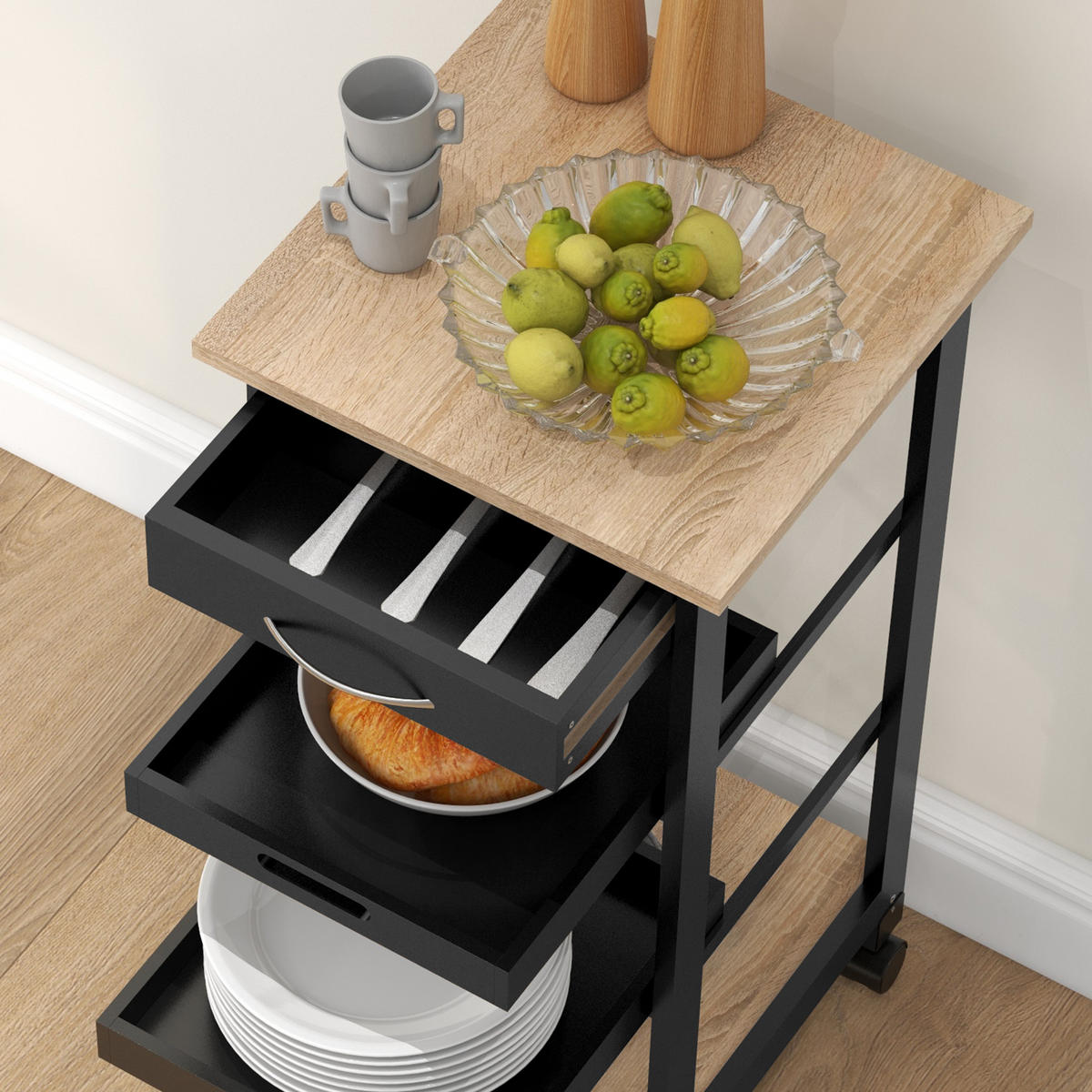 SERVIERWAGEN DE-17115 Schwarz & Hell-Eiche - Schwarz, Holz (37/76/37cm) - ComfortXL