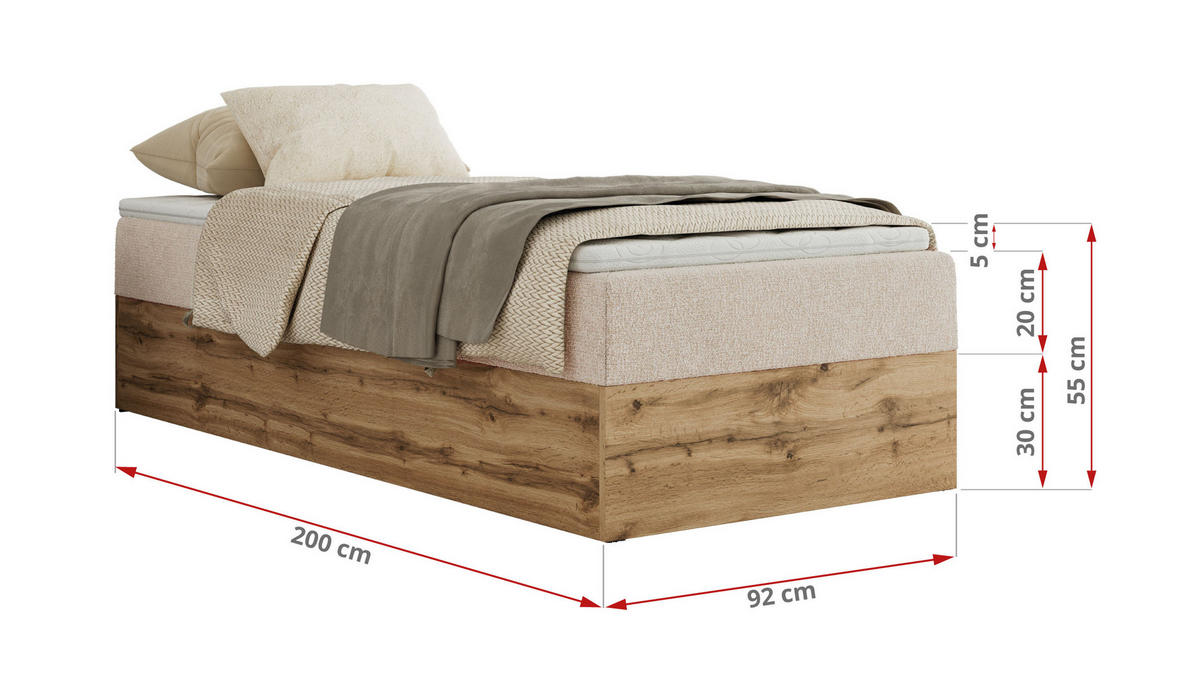 BOXBETT WOOD ZERO 90/200 - Creme Struktur - H4 - Topper Visco - Creme, Textil (90/200cm) - MKS