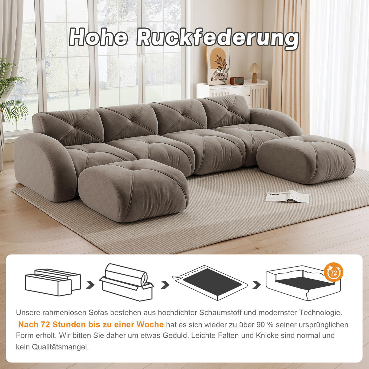 WOHNLANDSCHAFT Braun 358/171/76 cm 4-Sitzer Modular mit 2 Hockern - Taupe, Textil (358/76/171cm) - PANGIVO