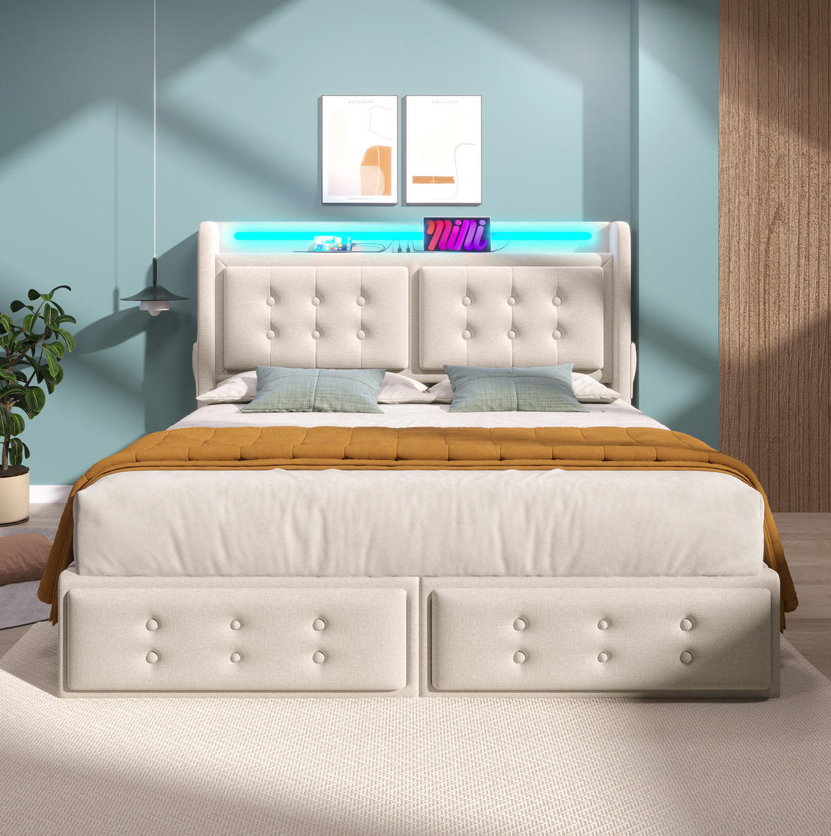 ČALOUNĚNÁ postel 140/200 cm, béžová, s LED osvětlením, USB-C a 4 zásuvkami - béžová, textil (140/200cm) - BEAOK