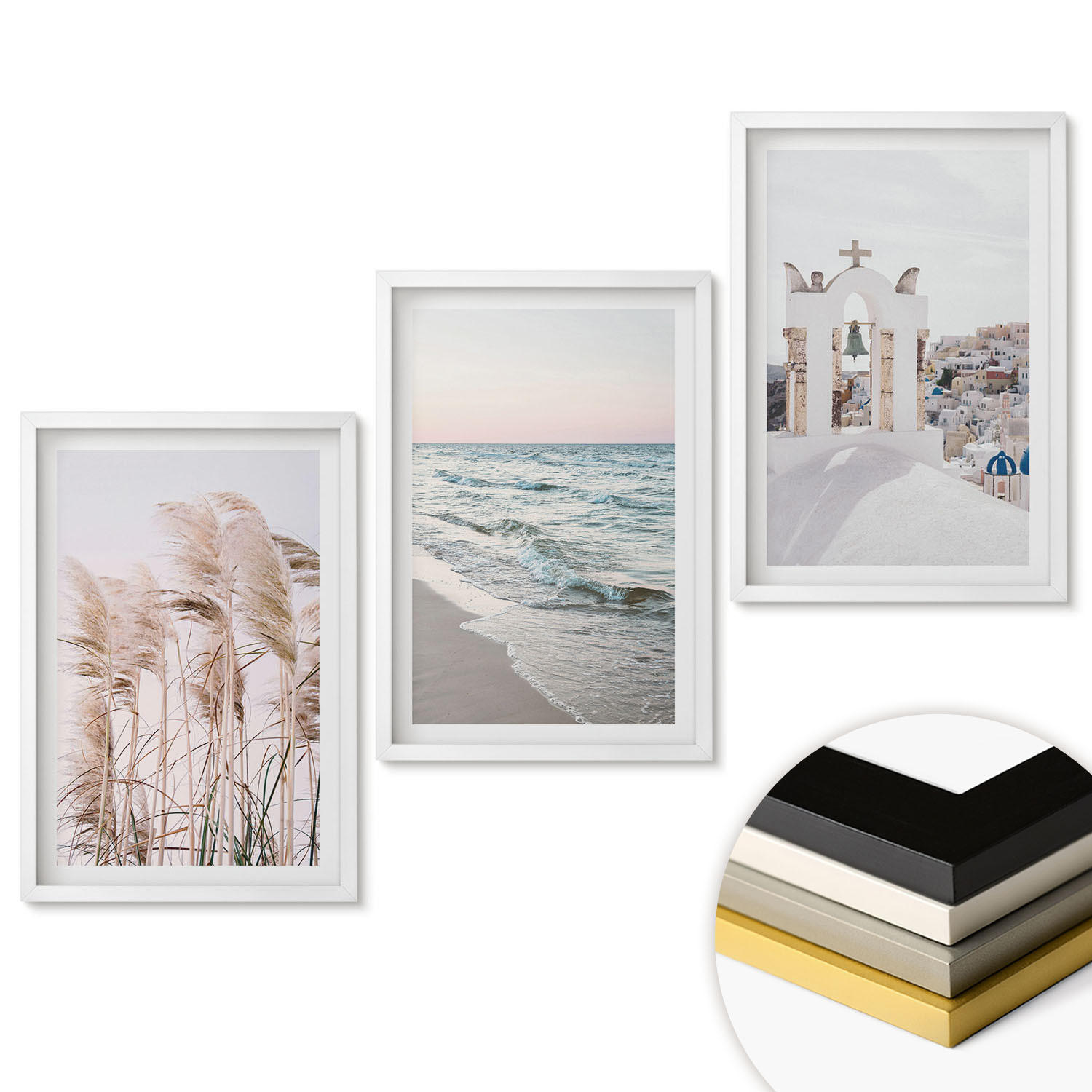 WANDBILDER 3er-Set - 40x60 cm Weißer Rahmen - Pflanzen, Meereswellen, Aussicht, Häuser - Weiß, Kunststoff (40/60cm) - ArtPrintCave
