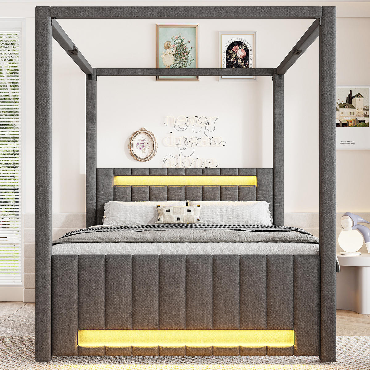 POLSTERBETT 140/200 cm in Grau Leinen mit Ausziehbett, 3 Schubladen und LED - Grau, Holzwerkstoff/Textil (140/200cm) - WISHDOR