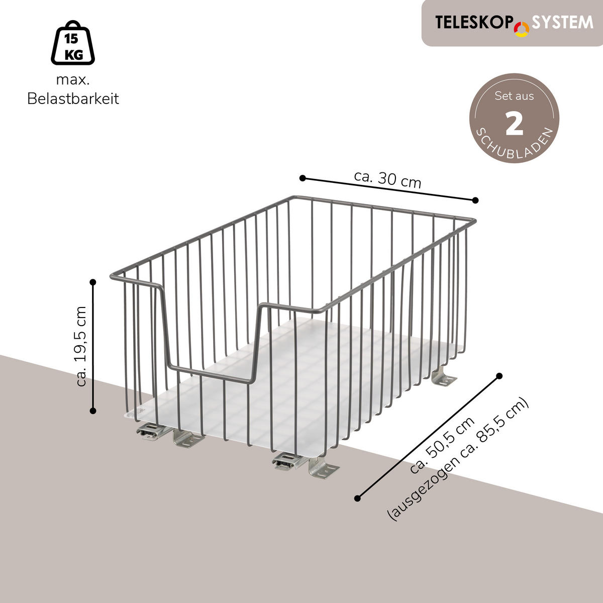 SCHRANK-KORBAUSZUG 30 cm, grau, Metall - Grau, Metall (30/23/50.5cm) - bremermann