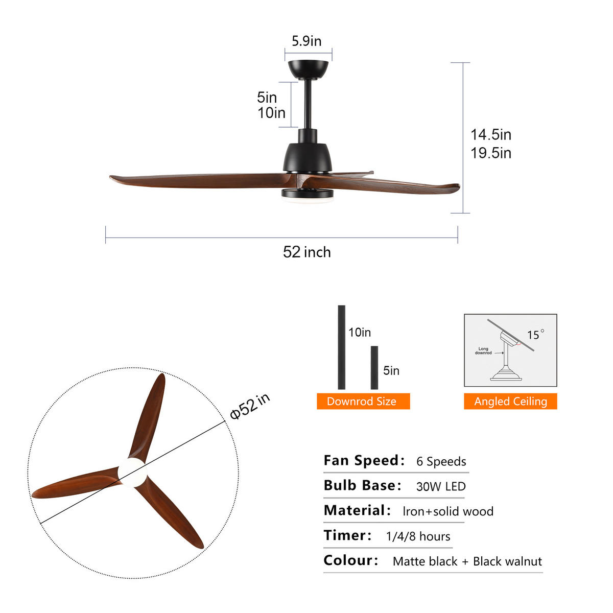 DECKENVENTILATOR DE-16236 52 Zoll mit dimmbarer LED & Steuergriff Schwarz - Walnussfarben, Holz/Metall (132/132/45cm) - ComfortXL