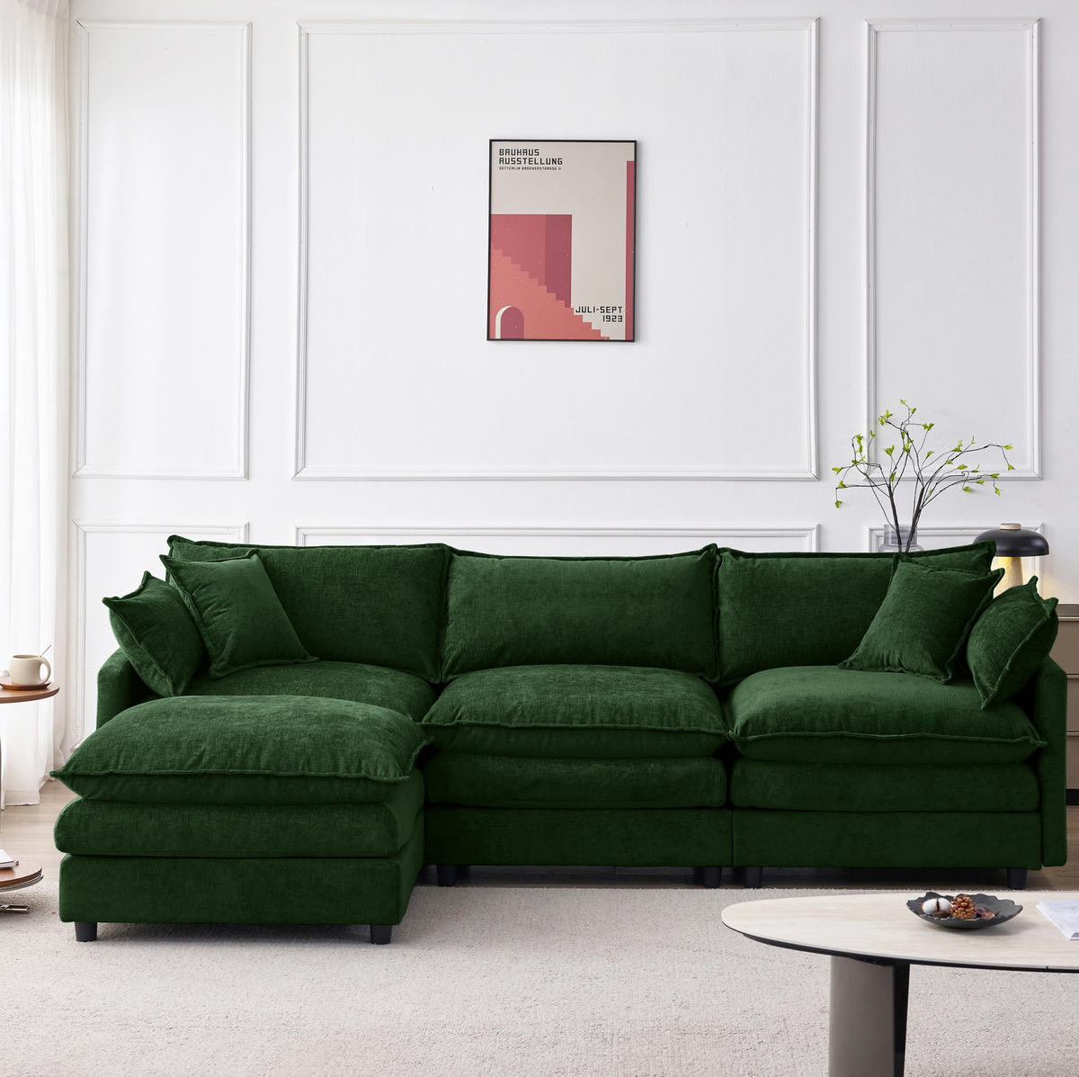 ECKSOFA mit Chenille-Bezug in Grün 154x267x85 cm, 3-Sitzer mit beweglichem Hocker - Grün, Textil (267/154cm) - IVMEU
