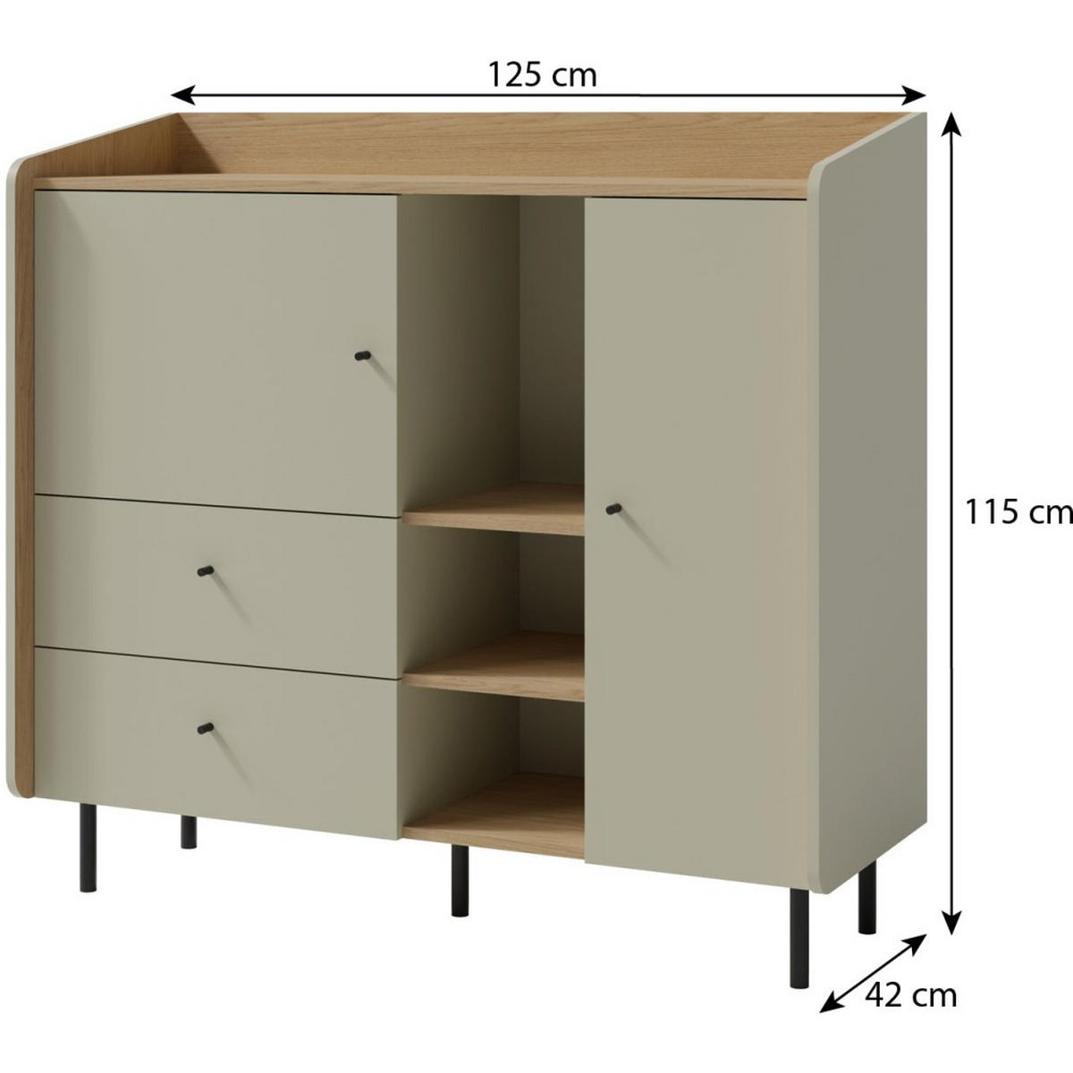KOMMODE Alex für Jugendzimmer mit 2 Türen, 2 Schubladen - Eukalyptusholzfarben/Schwarz, Holzwerkstoff (125/115/42cm) - Beautysofa