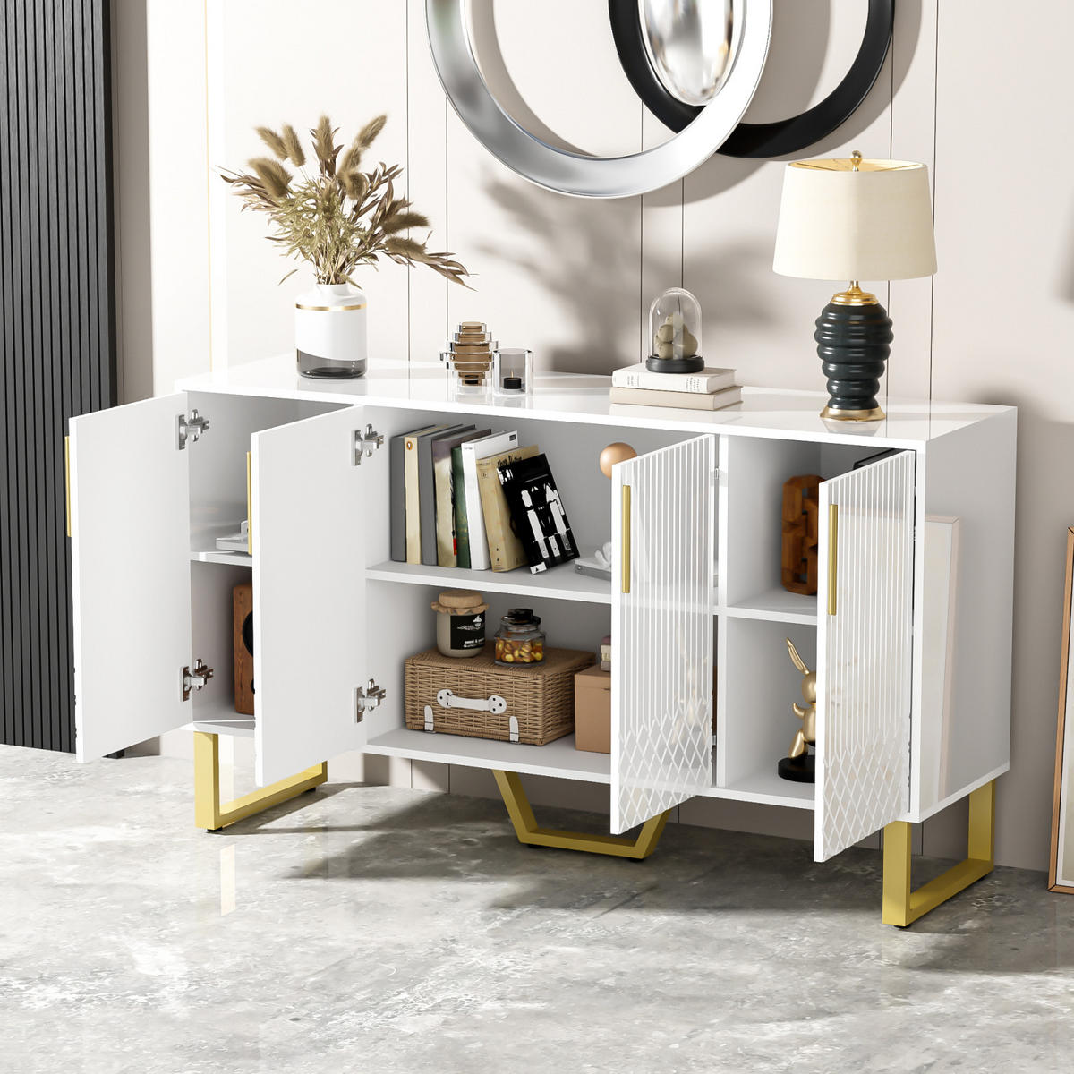 SIDEBOARD Hochglanz, 4 Türen, Metallgriffe, Metallfüße - Weiß, Holz (140/80/40cm)