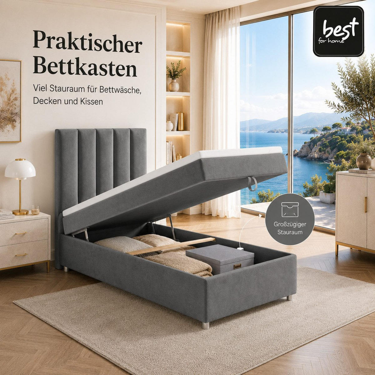 BOXBETT mit Bettkasten Trinity K-10 SINGLE Bonellfederkern inkl. Topper - Graphitfarben, Holz/Holzwerkstoff (100/200cm) - Best For Home