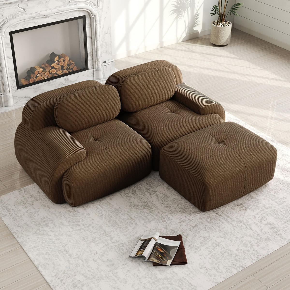 ECKSOFA aus weichem Kordelstoff, modular kombiniert mit gebogenen Armlehnen, Braun - Braun, Textil (208/70/178cm) - Kaket