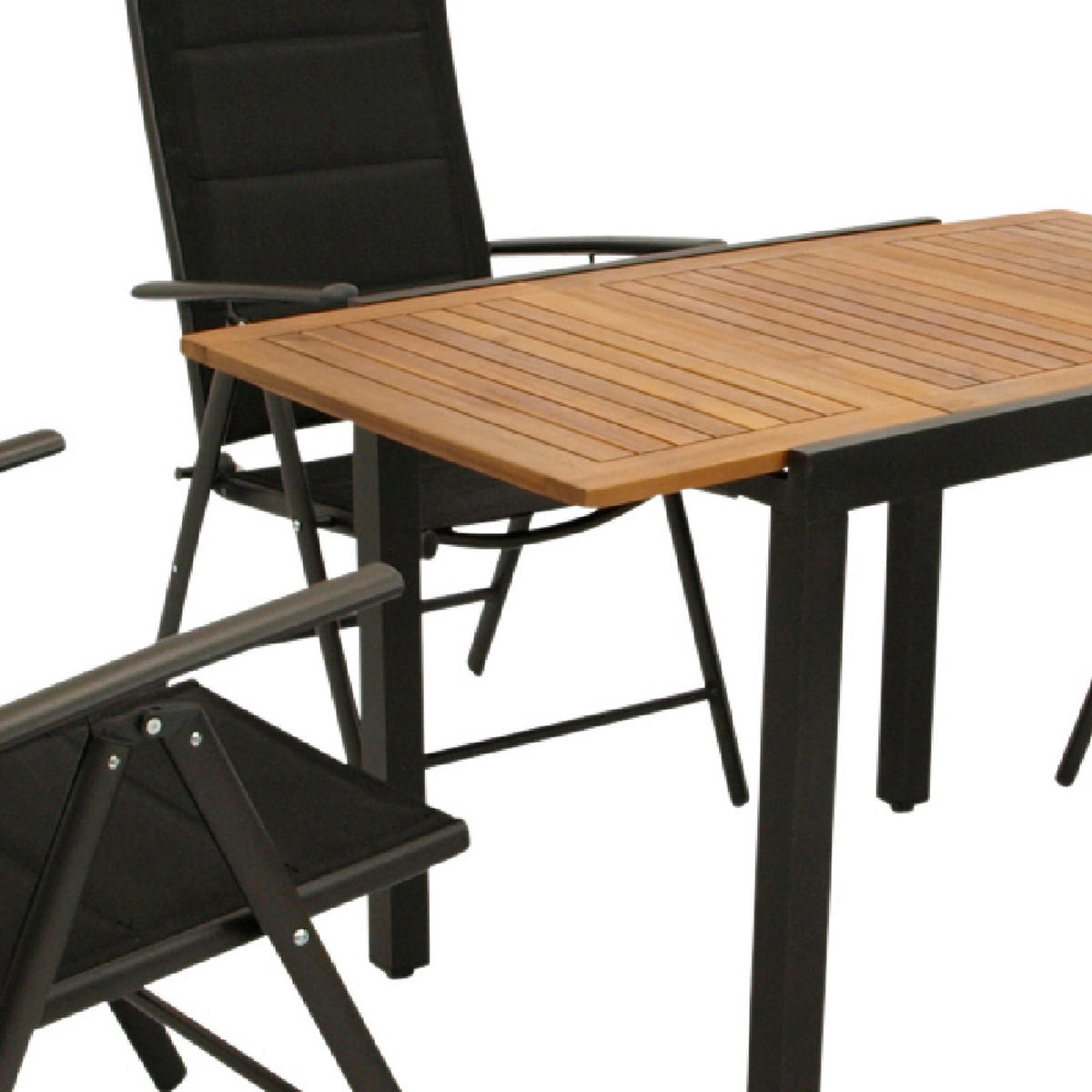 GARTENESSGRUPPE Canterbury - GARTEN-GARNITUR mit Ausziehtisch 80 bis 120 cm - 5-teilig - Aluminium - Akazie - Kunstgewebe schwarz - Schwarz, Metall - TPFGarden