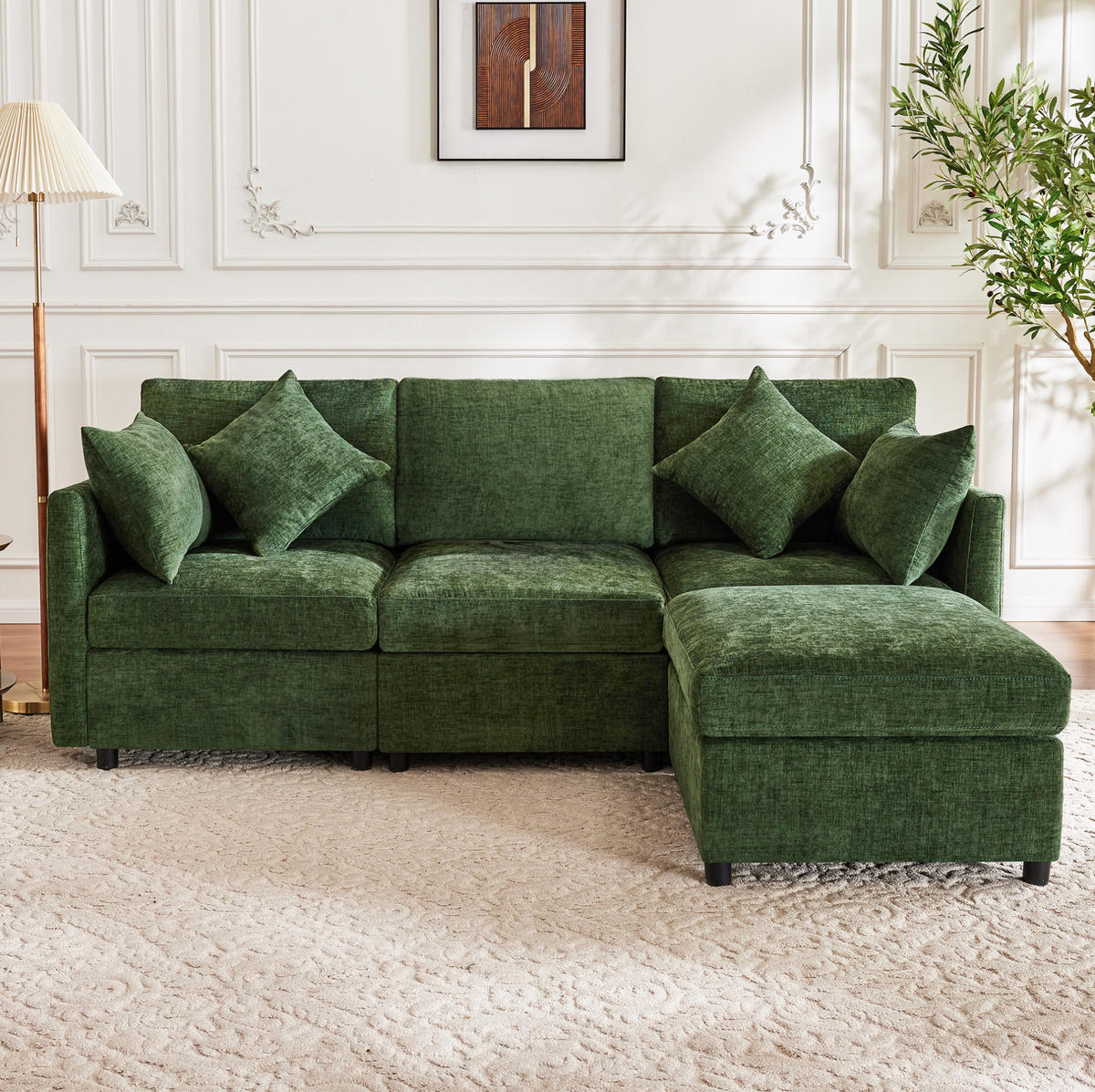 ECKSOFA aus Chenille 216x161x81 cm in Grün mit modularem Hocker - Grün, Textil (161/216cm) - Modfu