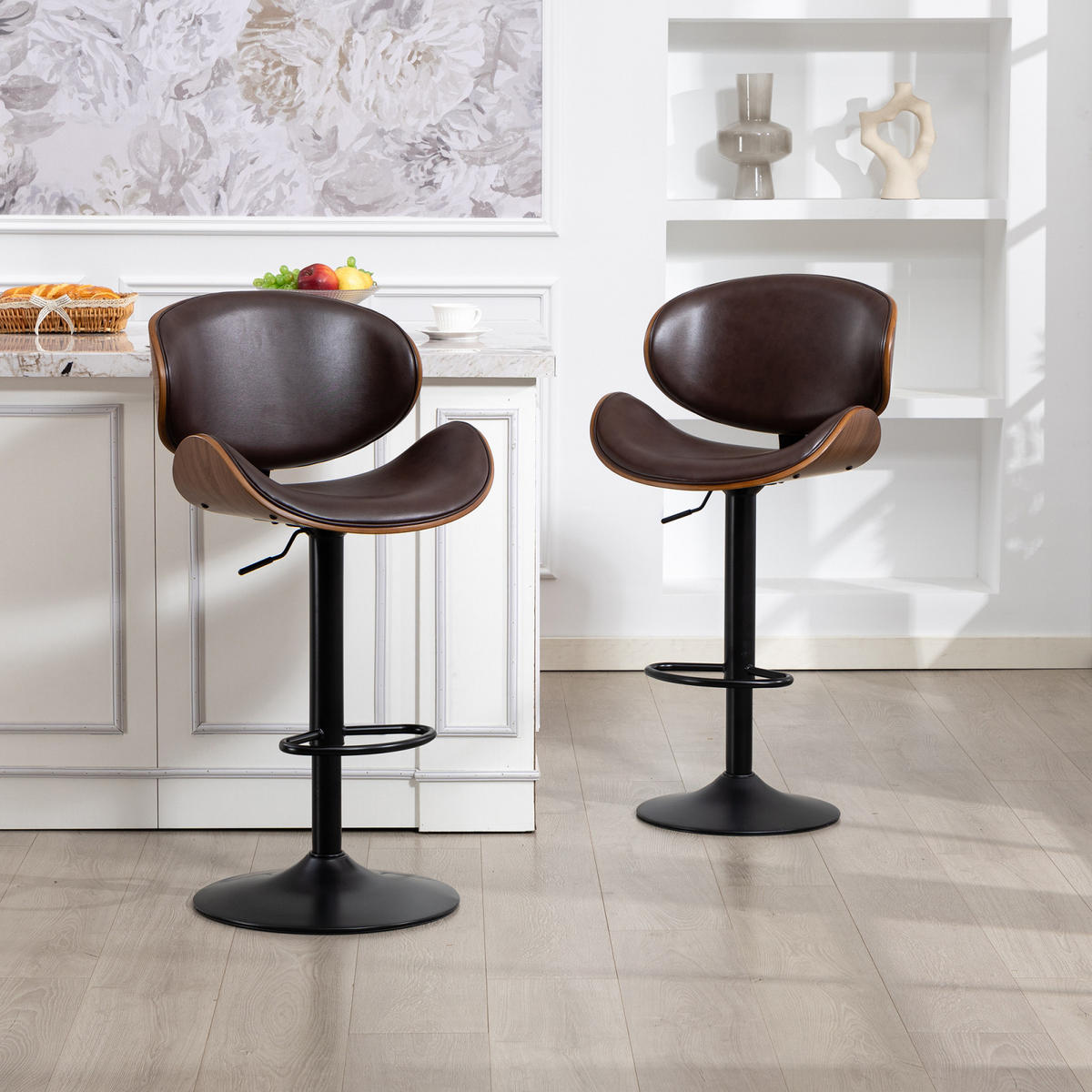 BARHOCKER 2er-Set Drehbar,mit Sitzkissen und Fußstützen Kunstleder Braun - Braun, Textil/Metall (51/93/50cm) - PARAFTA HOME