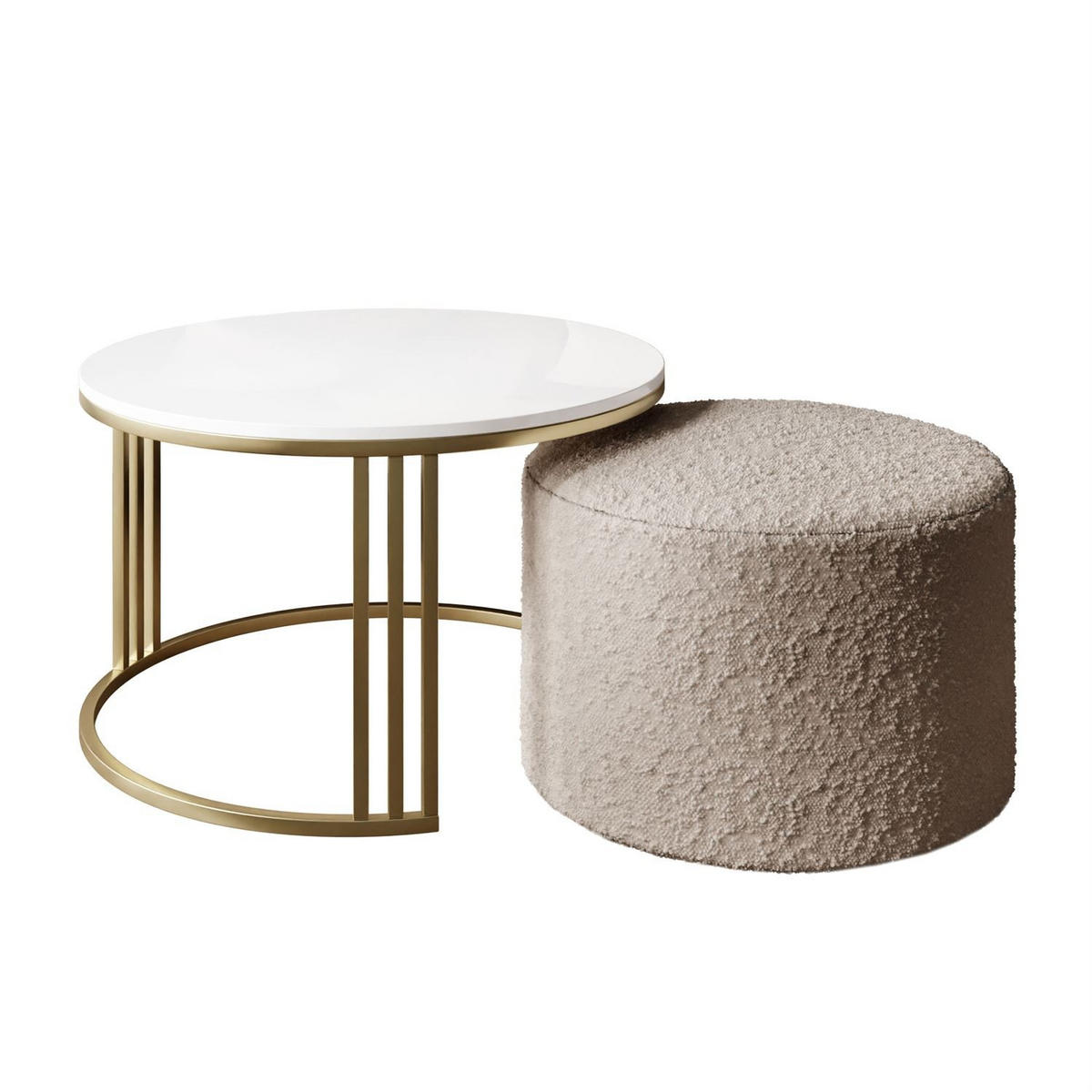 COUCHTISCH mit Hocker LORI Hochglanz gebürstetes Gold/weißer Glanz/Coral 50 - Weiß, Metall (70/70/49cm) - Lookway