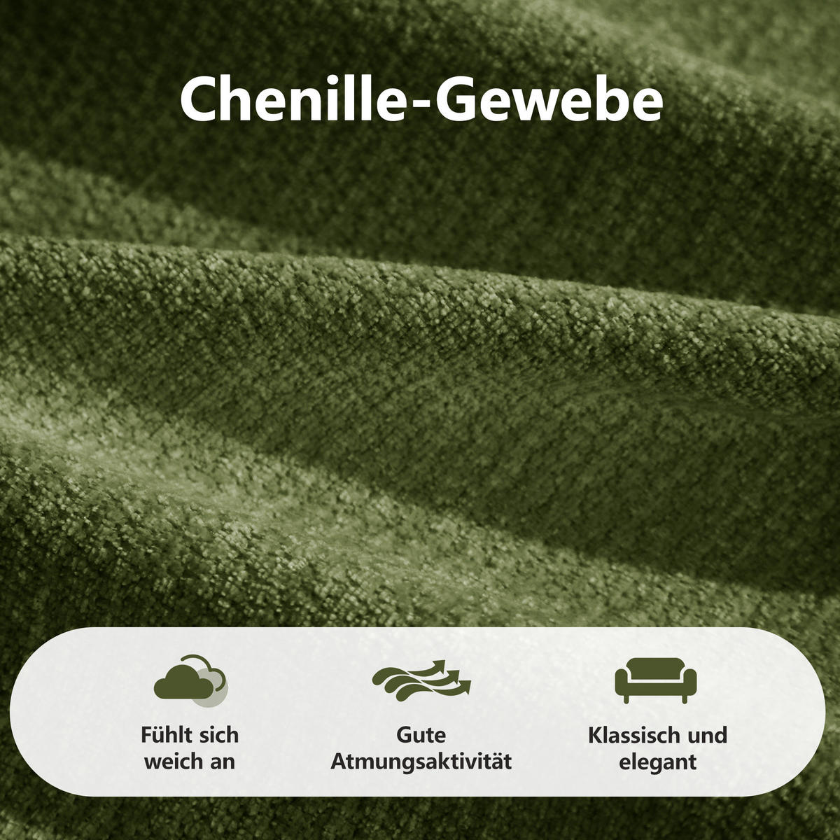 SOFA 194/97/68 cm in Grün mit Chenillebezug und hoher Formstabilität - Grün, Textil (97/68/194cm) - Flora Grace