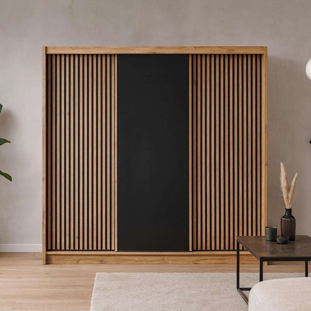 SCHWEBETÜRENSCHRANK Leroy mit 2 Türen und Lamellen, 250 cm, Schwarz+eiche Wotan - Eiche Wotan/Schwarz, Holzwerkstoff (250/215/60.5cm) - Beautysofa