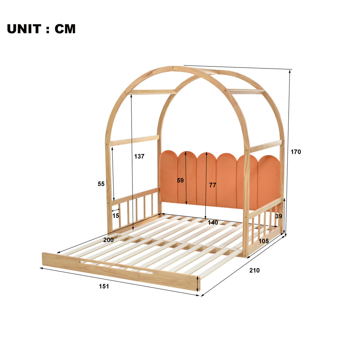 KINDERBETT 140/200 cm ausziehbar mit gewölbtem Dach, Kiefer/MDF, 3-seitigem Schutz und Kissen, Natur/Orange - Naturfarben, Holzwerkstoff (140/200cm) - Redom
