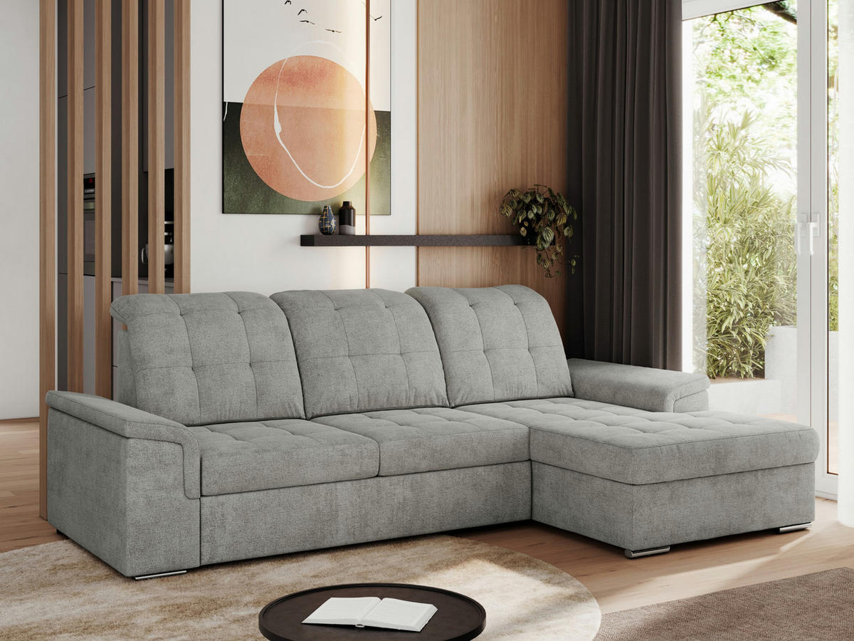ECKSOFA MADRITO L - Hellgrau Struktur - Rechts - Silberfarben/Hellgrau, Textil/Metall (256/160cm)