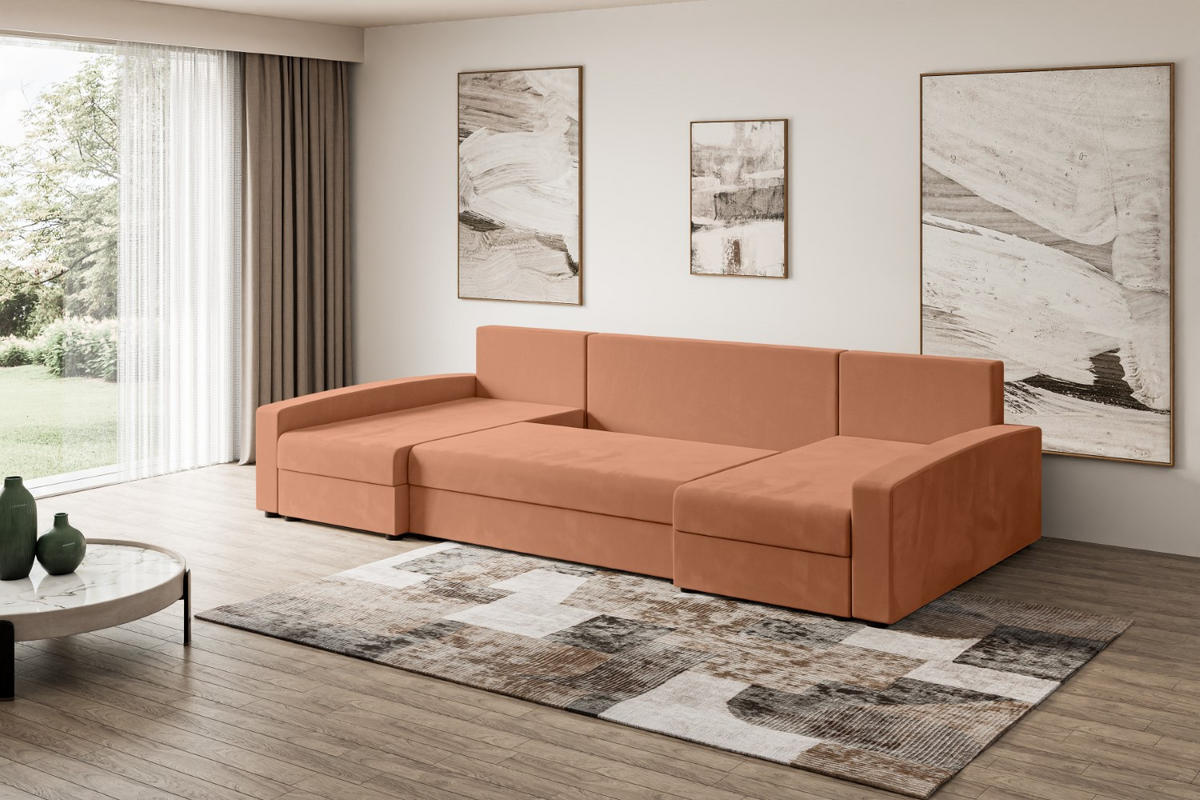WOHNLANDSCHAFT mit Schlaffunktion und Bettkasten ALESIA-U 301x140x90 cm Koralle Velours - Koralle/Silberfarben, Holzwerkstoff/Kunststoff (301/90/140cm) - ALTDECOR