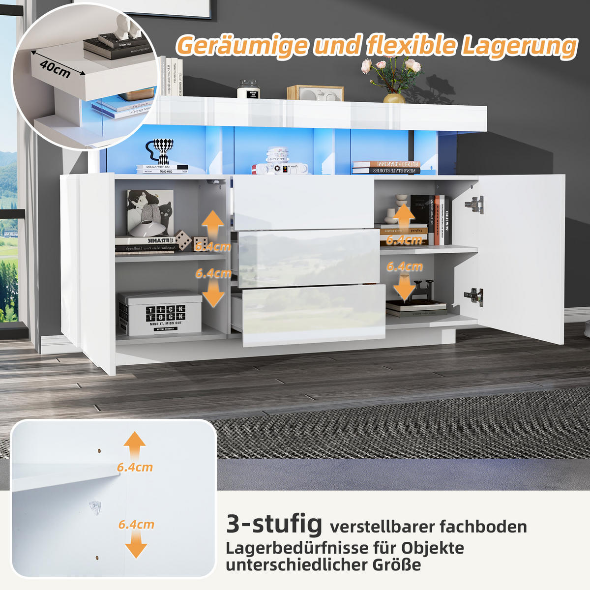 SIDEBOARD mit LED Weiß 140/35/80 CM - Weiß, Holzwerkstoff (35/80/140cm) - Urban Meuble