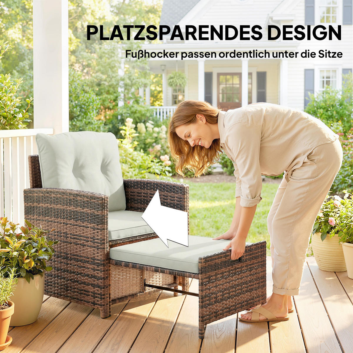 RATTAN-GARTENMÖBEL 5er Set PE-Rattan Stahl Cremeweiß - Creme/Schwarz, Kunststoff/Textil - Outsunny