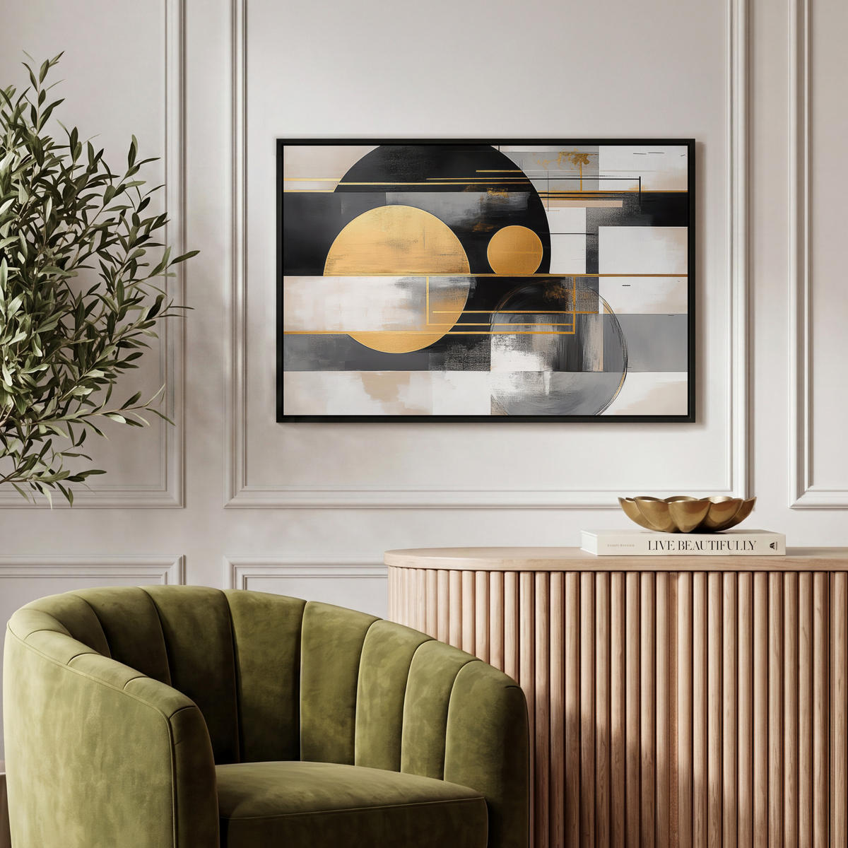 LEINWAND Bilder mit Rahmen - Abstrakt - Gold - Silber - Formen - Ästhetisch - Modern - 60x40 - Goldfarben, Textil (60/40cm) - MuchoWow