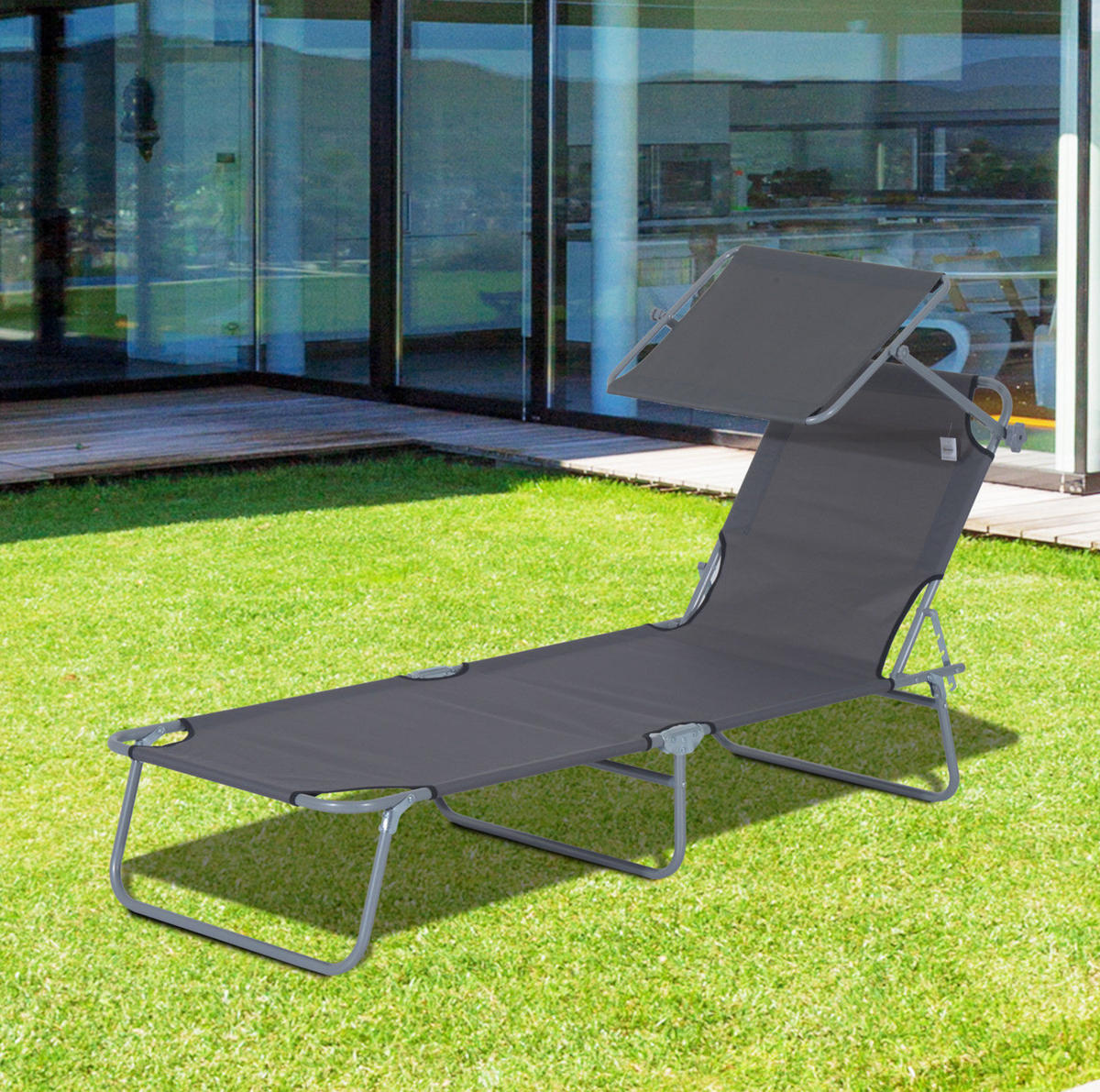 GARTENLIEGE 187/58/36 cm grau aus Metall klappbar mit Sonnendach - Grau, Metall (187/36/58cm) - OKWISH
