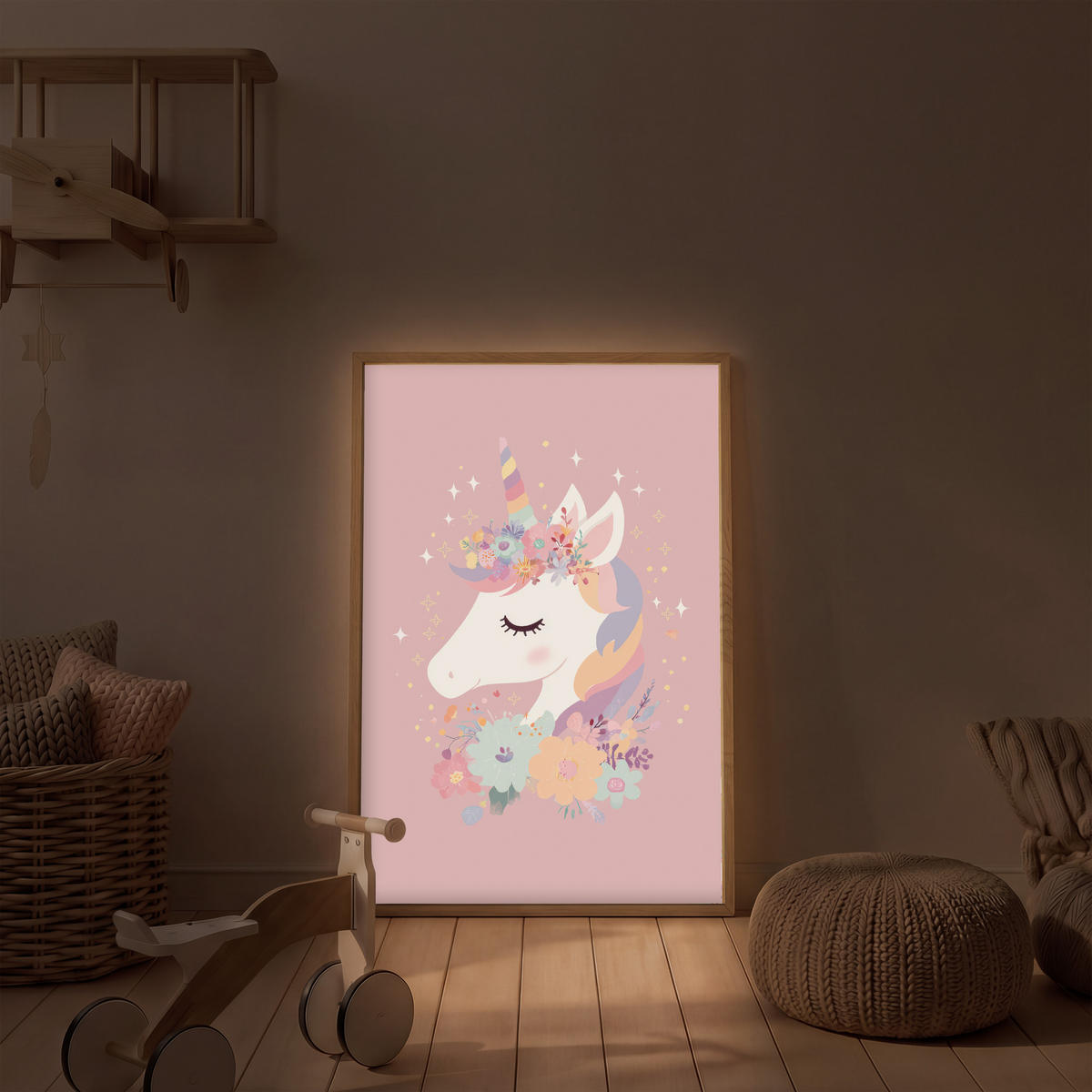 DOBÍJECÍ NOČNÍ LAMPIČKA Jednorožec - růžová - květiny 70x100 cm - růžová, kompozitní dřevo (8/70/100cm) - OnlyWow