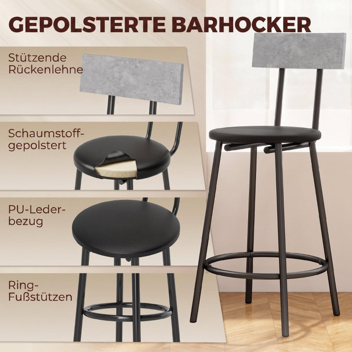 BARTISCH-SET DE-39307 100/40 cm Tisch mit 2 Hockern Grau - Grau, Holzwerkstoff (100/90.5/40cm) - ComfortXL