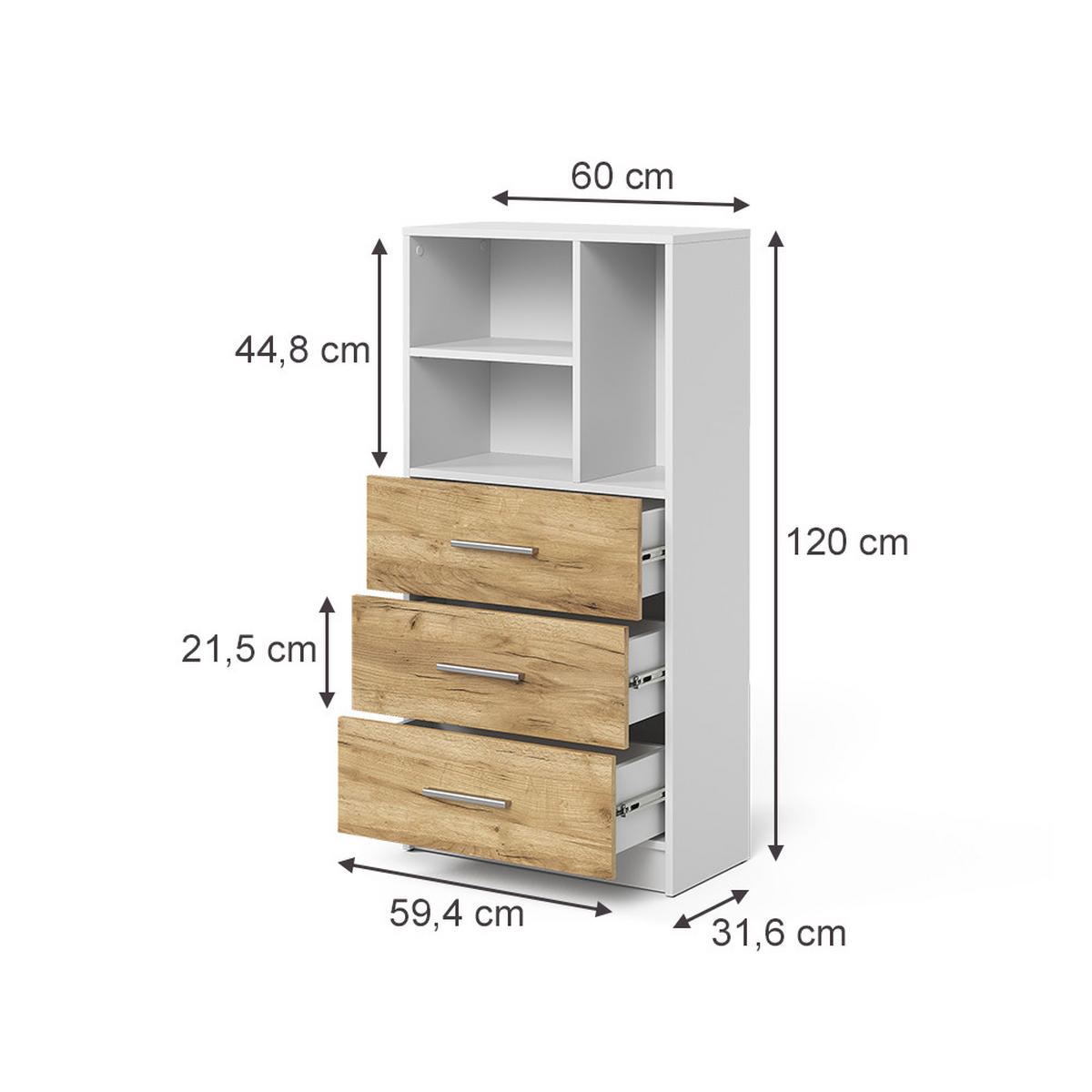 UNIVERSALSCHRANK Tomy, Weiß/Goldkraft Eiche, 60 x 120 cm mit 3 Schubladen - Honigeiche/Weiß, Holzwerkstoff (60/120/31.6cm) - Vicco