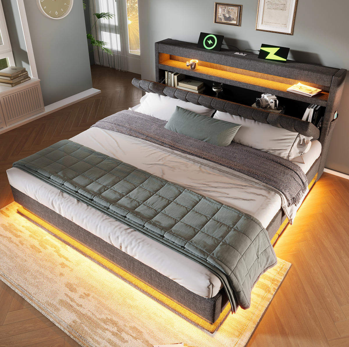 POLSTERBETT 180/200 cm mit LED, USB-C, Stauraum-Kopfteil und hydraulischem Bettkasten, Leinen, Grau - Grau, Textil (180/200cm) - Redom