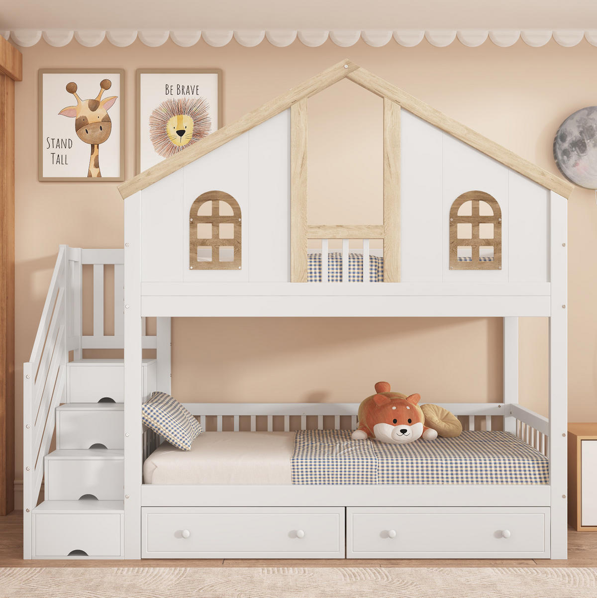 ETAGENBETT aus Kiefer und MDF 90x200 cm Weiß/Natur mit Stauraumtreppe und Schubladen - Weiß, Holz (90/200cm) - Modfu