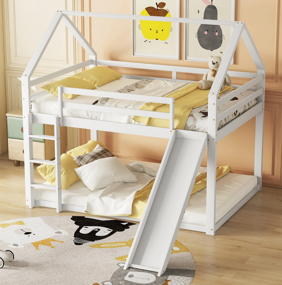 ETAGENBETT 140/200 cm mit Rutsche und Leiter, Hausdesign aus Kiefer , Weiß - Weiß, Holzwerkstoff (140/200cm) - Redom