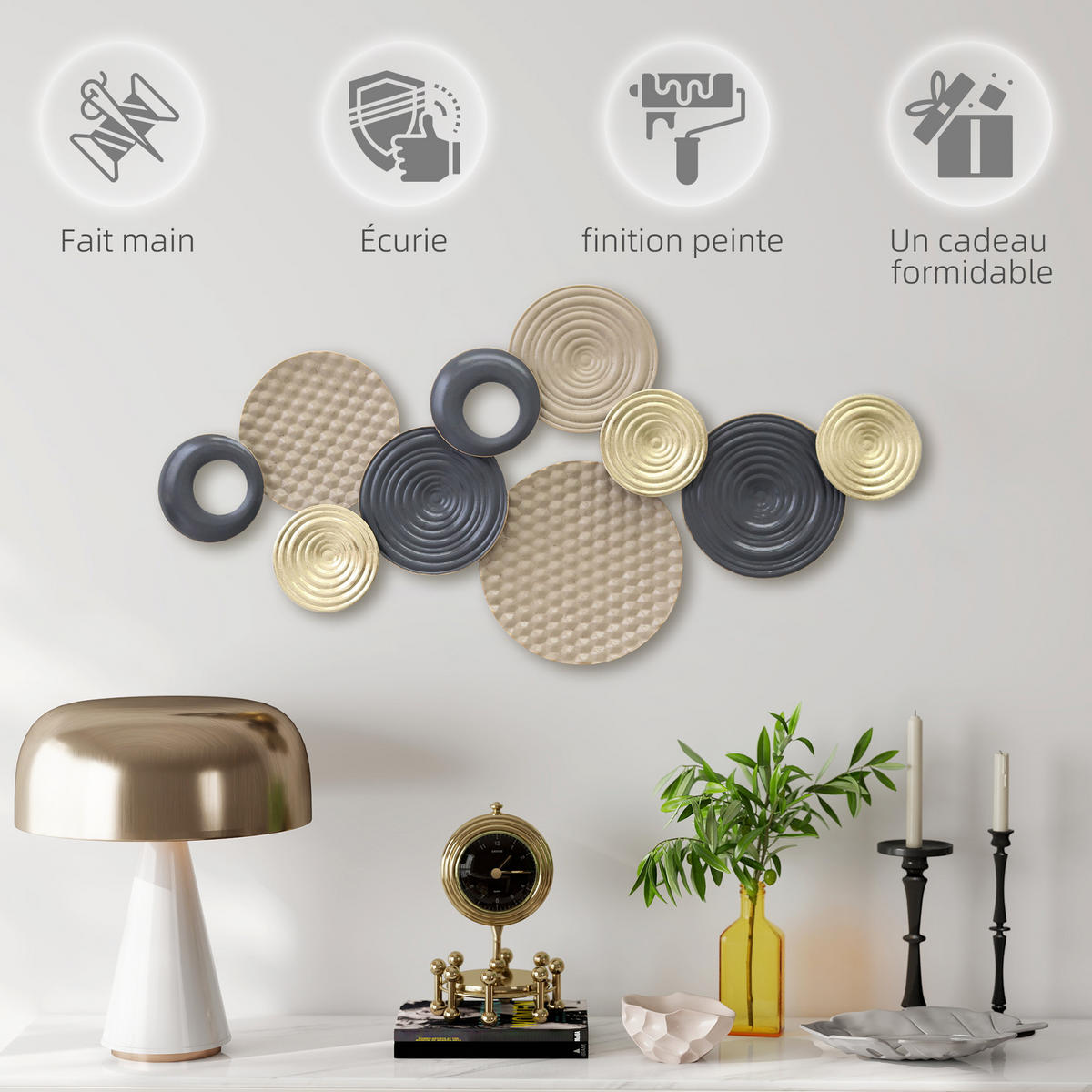 WANDDEKO DE-14341 mehrschichtiges Disc-Design Khaki/Schwarz - Mokka, Metall (5.5/50/100cm) - ComfortXL