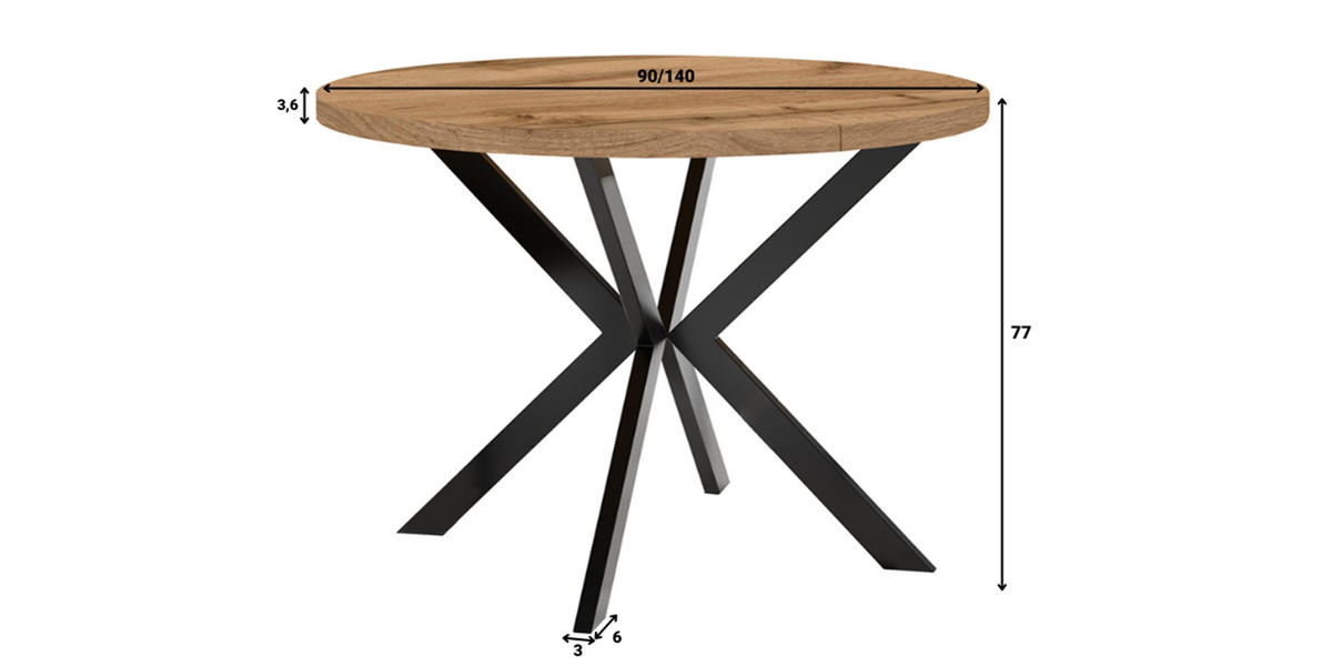 ESSTISCH ENDIK, Durchmesser: 90 / 140 cm, Farbe: Eiche Craft Gold / Schwarz - Schwarz/Braun, Holzwerkstoff/Metall (140/90/77cm) - Dekori_Interiors